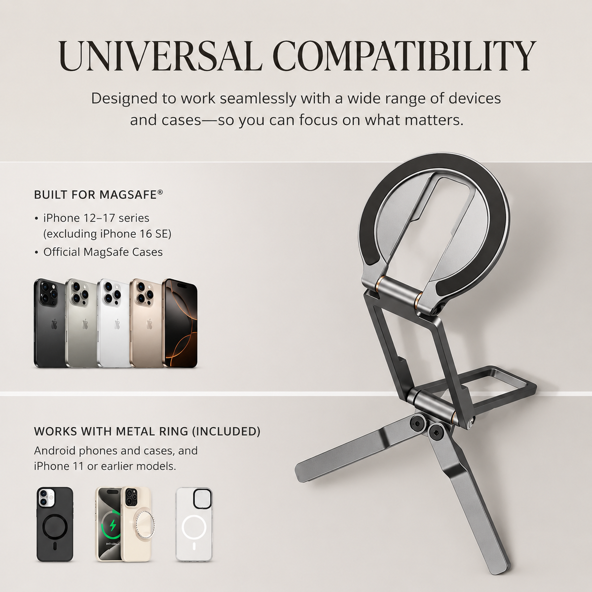 Premium MagSafe Magnetic Phone Tripod Stand Ultra-Slim Pocket Phone Holder N52 Magnetic Grip 360° Adjustable Stand Compatible with iPhone