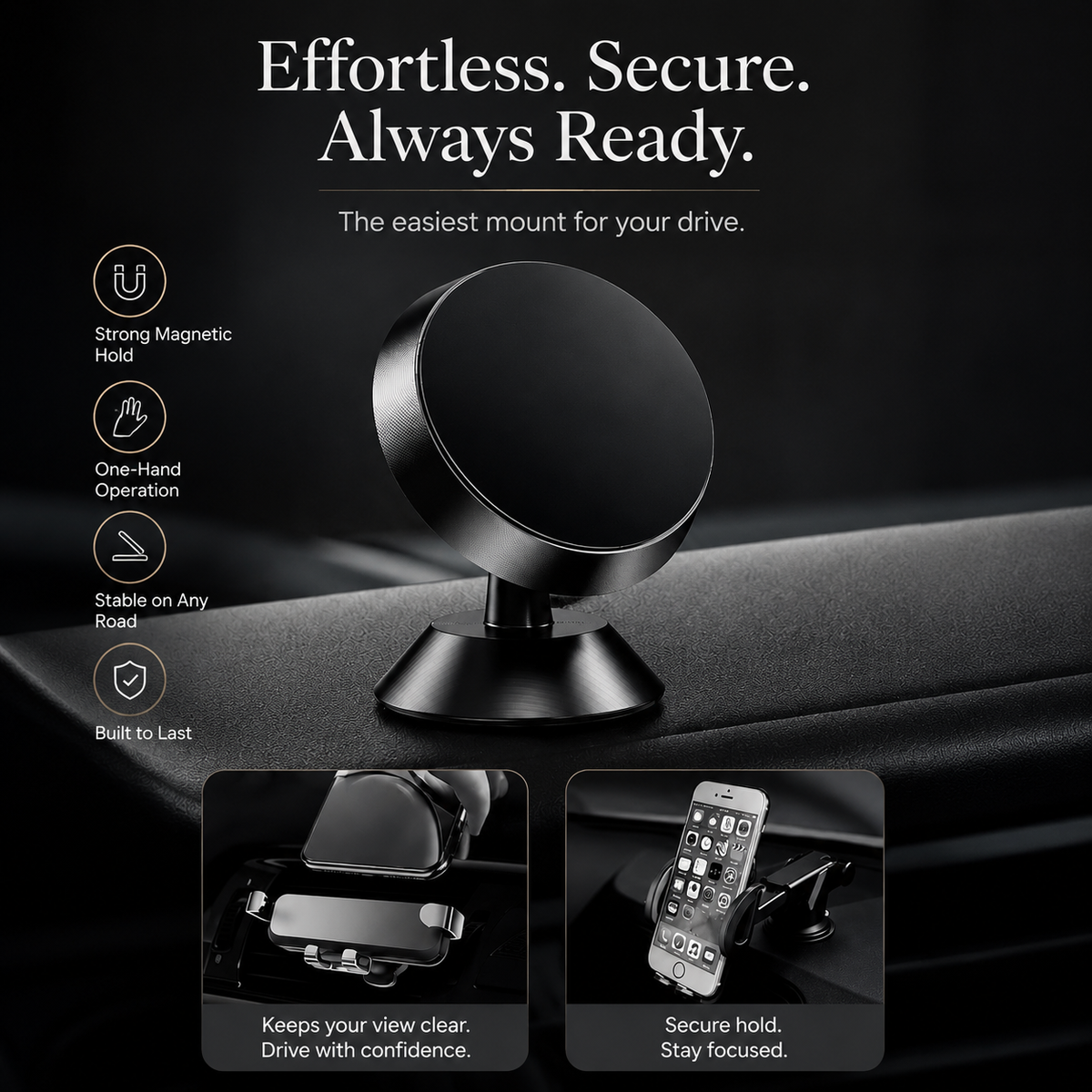 Premium Magnetic Car Phone Holder Strong Magnet Dashboard Air Vent Mount 360° Rotating GPS Navigation Hands-Free Phone Stand Compact Adjustable