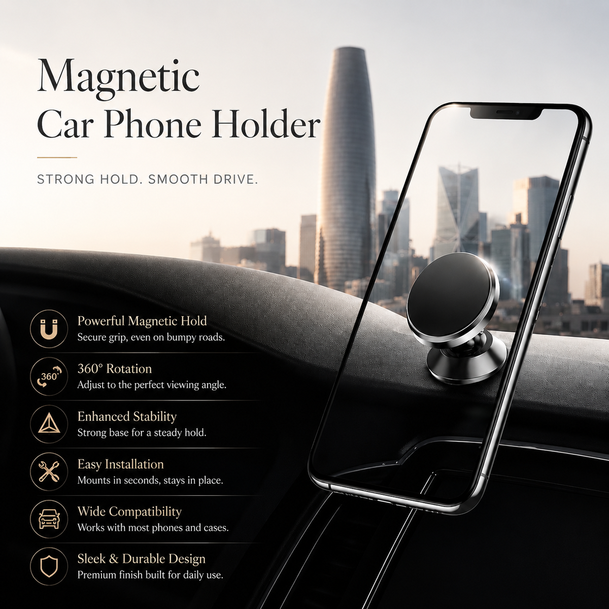 Premium Magnetic Car Phone Holder Strong Magnet Dashboard Air Vent Mount 360° Rotating GPS Navigation Hands-Free Phone Stand Compact Adjustable