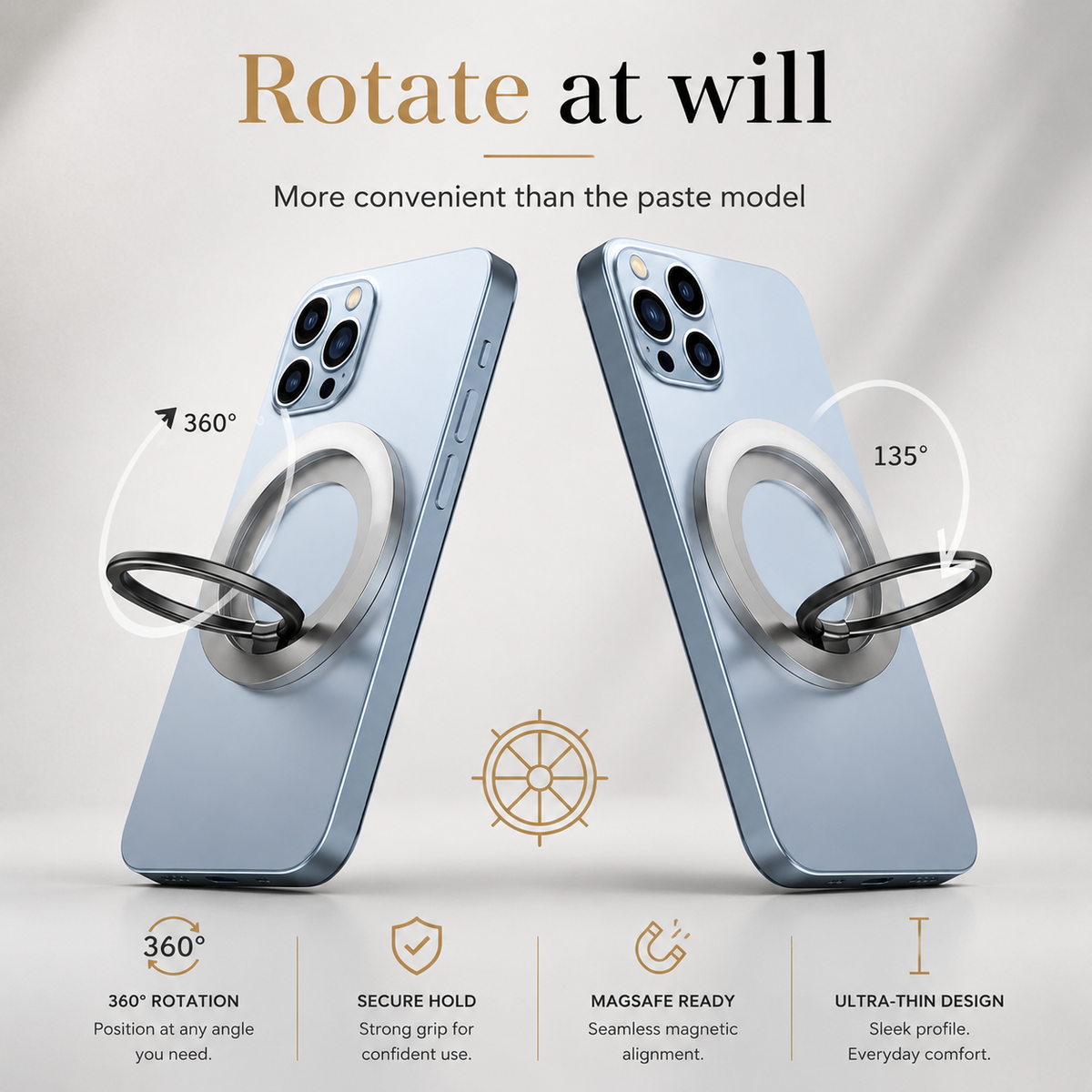 Premium Magnetic Phone Ring Holder MagSafe Phone Grip 360° Rotating Foldable Stand Detachable Magnetic Finger Holder Kickstand Slim iPhone Compatible
