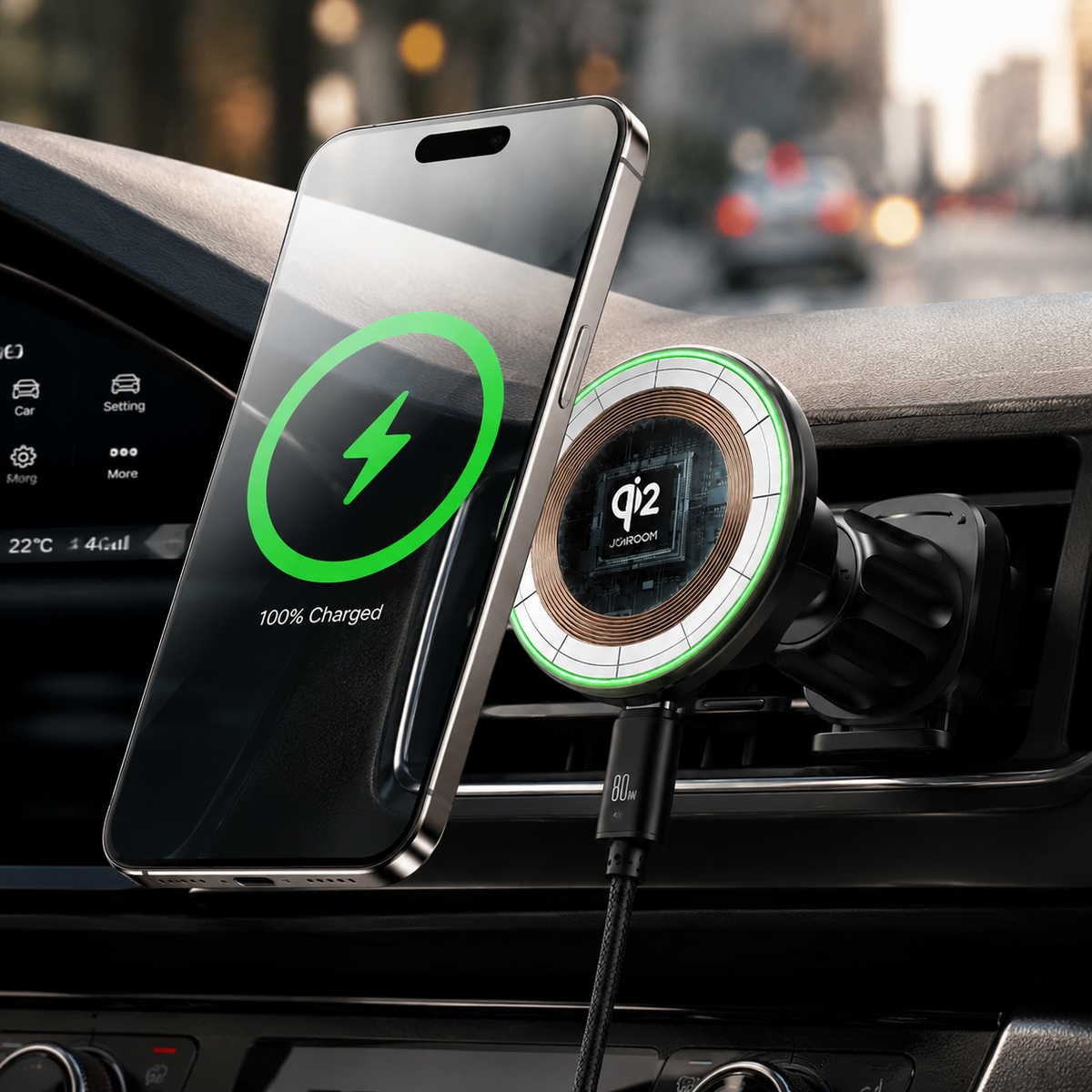 Premium Magnetic Wireless Car Phone Holder Fast Wireless Charging Car Mount 360° Rotating Dashboard Air Vent Mount MagSafe Compatible Compatible with iPhone