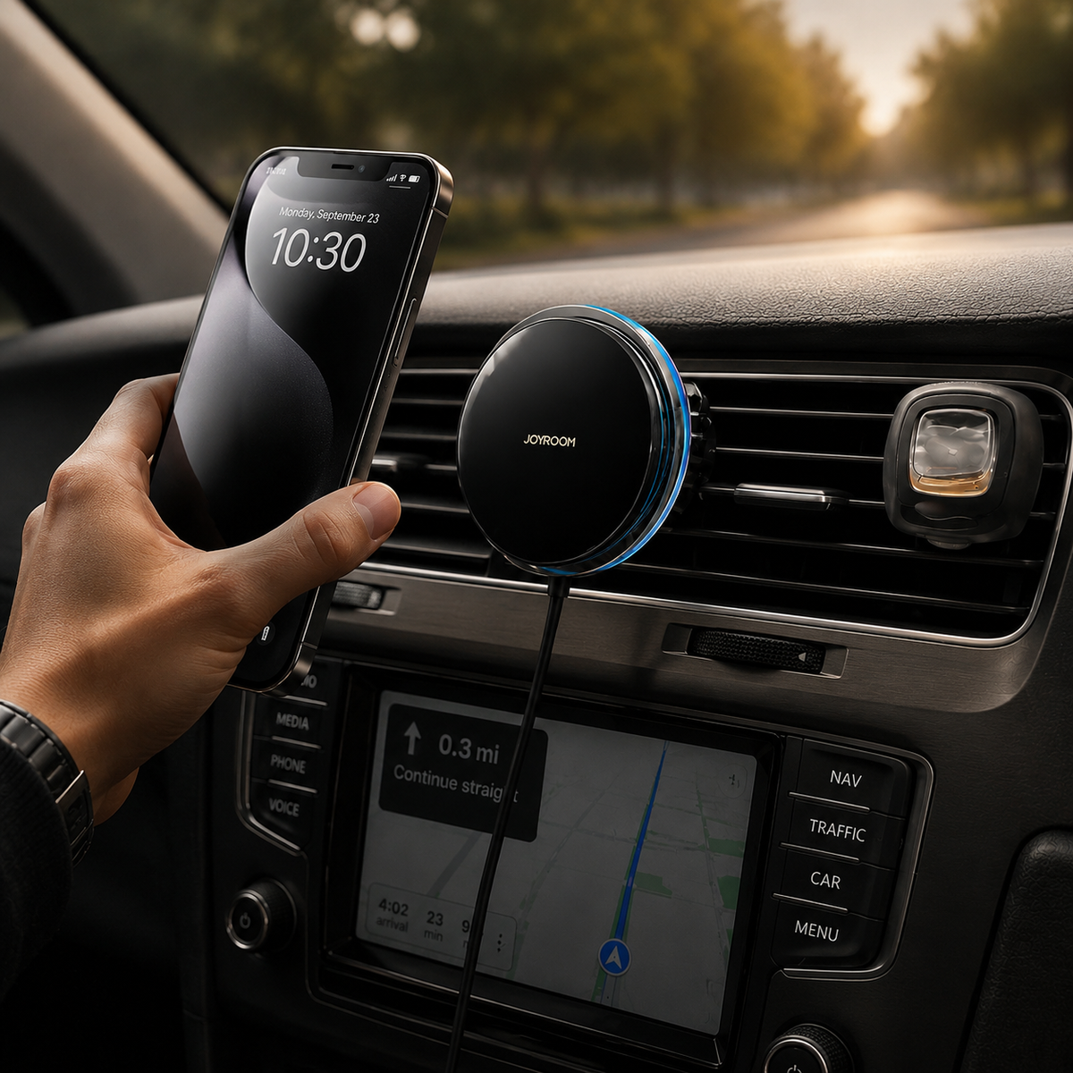 Premium Magnetic Wireless Car Phone Holder Fast Wireless Charging Car Mount 360° Rotating Dashboard Air Vent Mount MagSafe Compatible Compatible with iPhone
