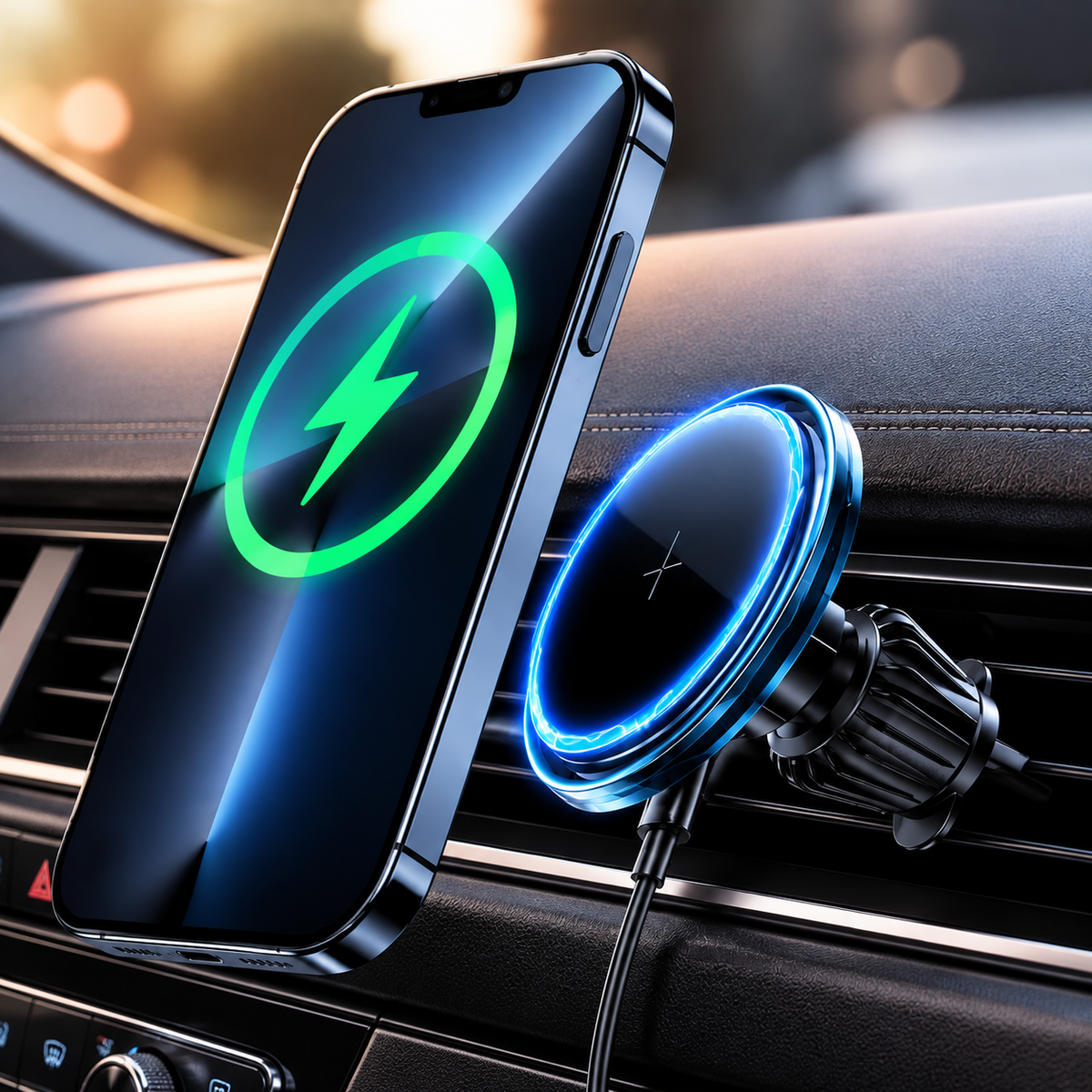 Premium Magnetic Wireless Car Phone Holder Fast Wireless Charging Car Mount 360° Rotating Dashboard Air Vent Mount MagSafe Compatible Compatible with iPhone