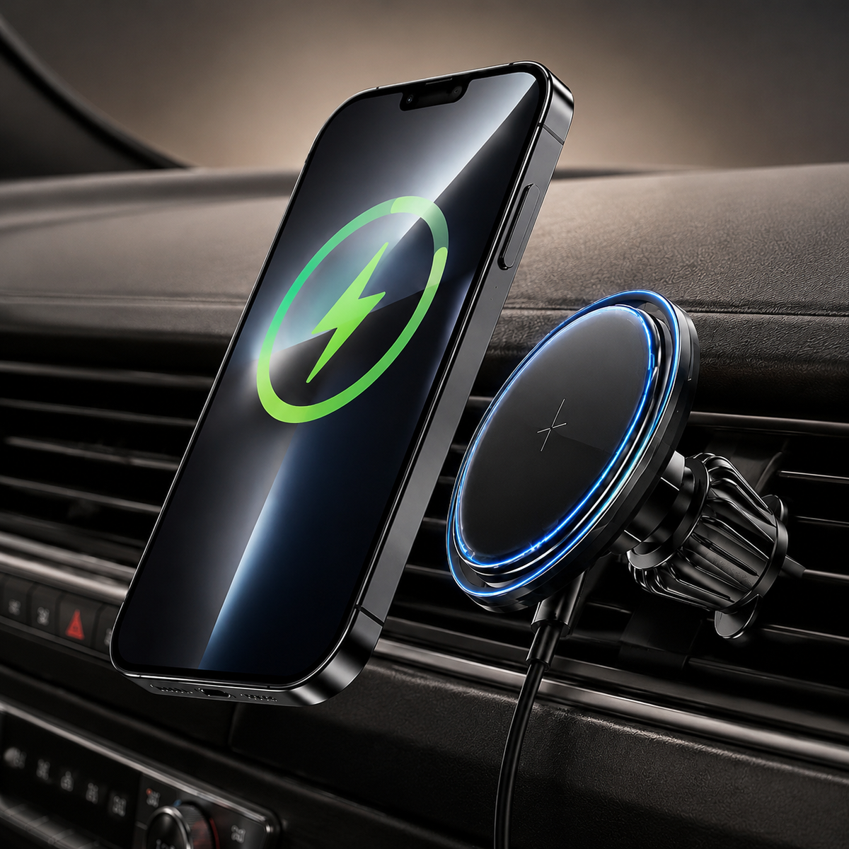 Premium Magnetic Wireless Car Phone Holder Fast Wireless Charging Car Mount 360° Rotating Dashboard Air Vent Mount MagSafe Compatible Compatible with iPhone