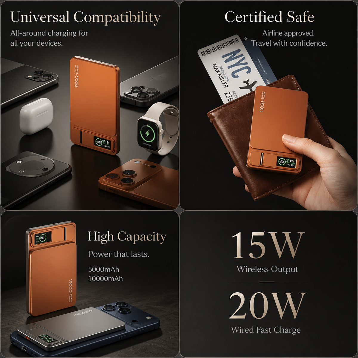 Premium Magnetic Wireless Power Bank Fast Charging Portable Battery Digital Display Metal Shell USB-C Wireless Charger Two-Way Charging Compatible with iPhone