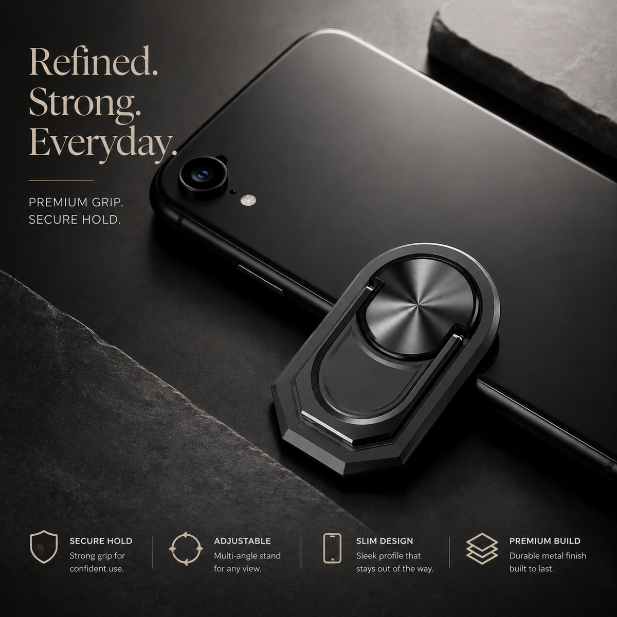 Premium Metal Finger Ring Phone Holder 180° Rotating Phone Grip Stand Foldable Kickstand Adhesive Smartphone Holder Zinc Alloy Slim iPhone