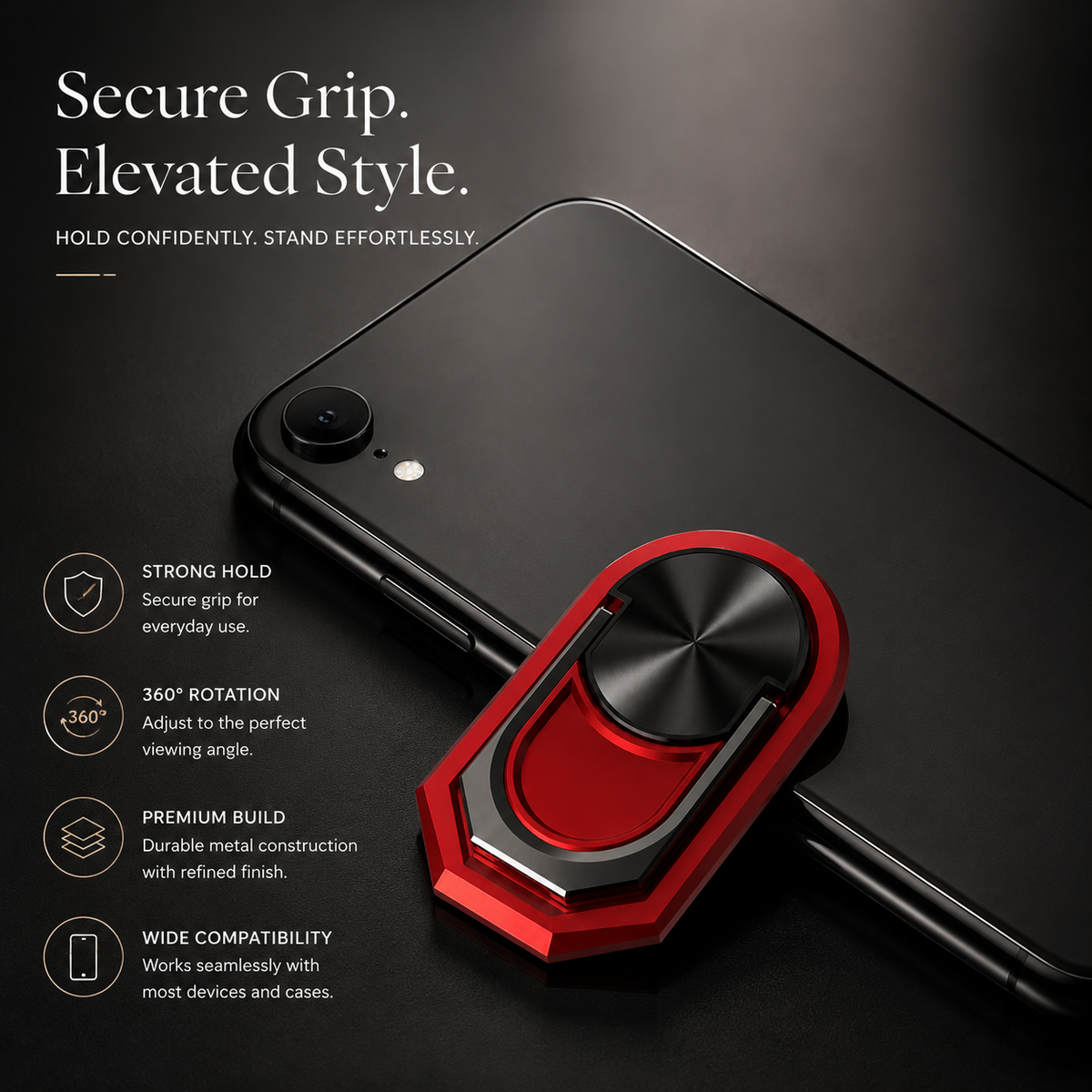 Premium Metal Finger Ring Phone Holder 180° Rotating Phone Grip Stand Foldable Kickstand Adhesive Smartphone Holder Zinc Alloy Slim iPhone