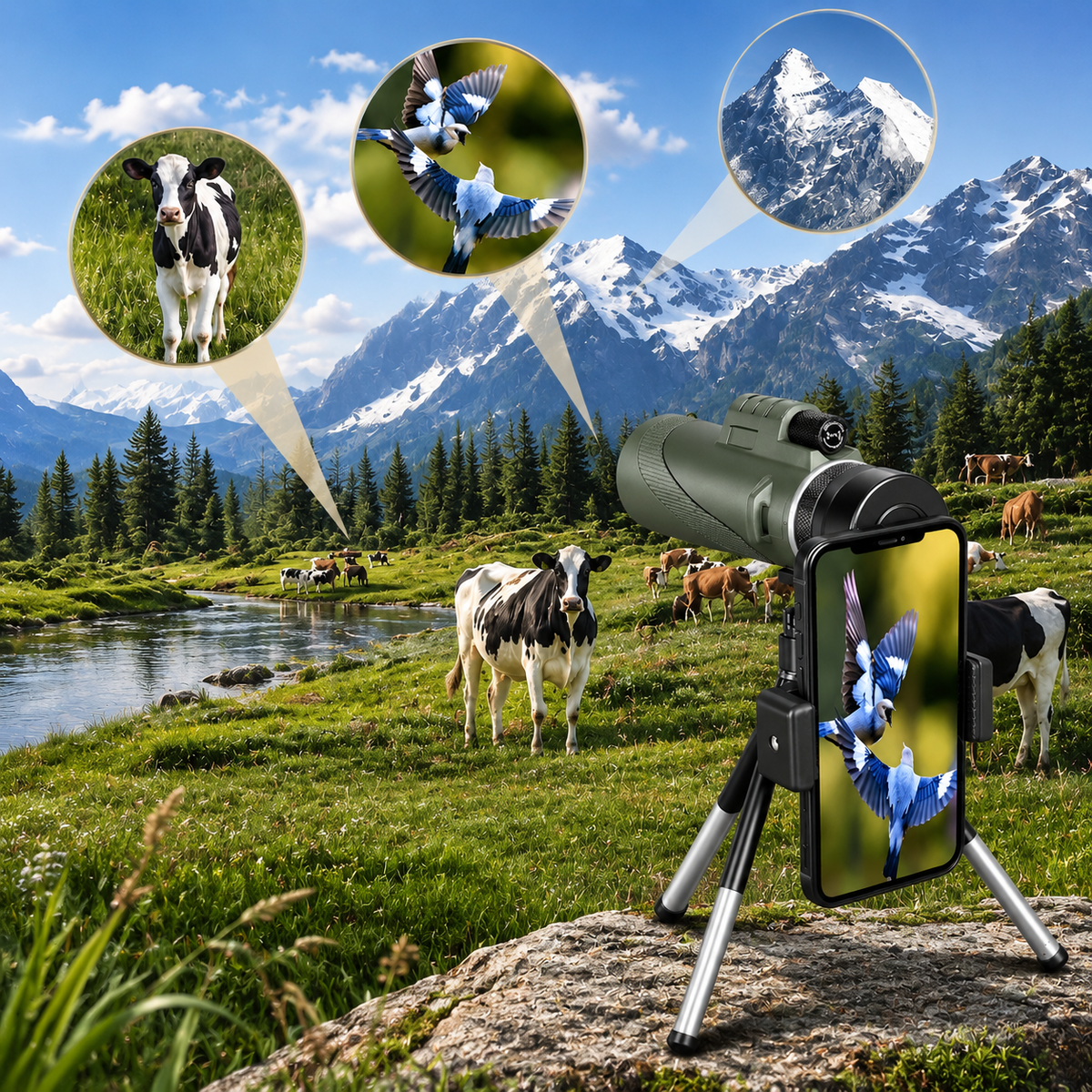 Premium Portable Zoom HD Monocular Telescope Long Range High Power Scope FMC BAK4 Optics Phone Adapter Tripod Water Resistant Outdoor Travel iPhone