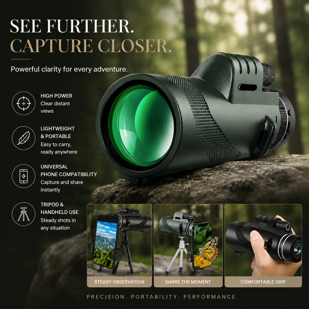 Premium Portable Zoom HD Monocular Telescope Long Range High Power Scope FMC BAK4 Optics Phone Adapter Tripod Water Resistant Outdoor Travel iPhone