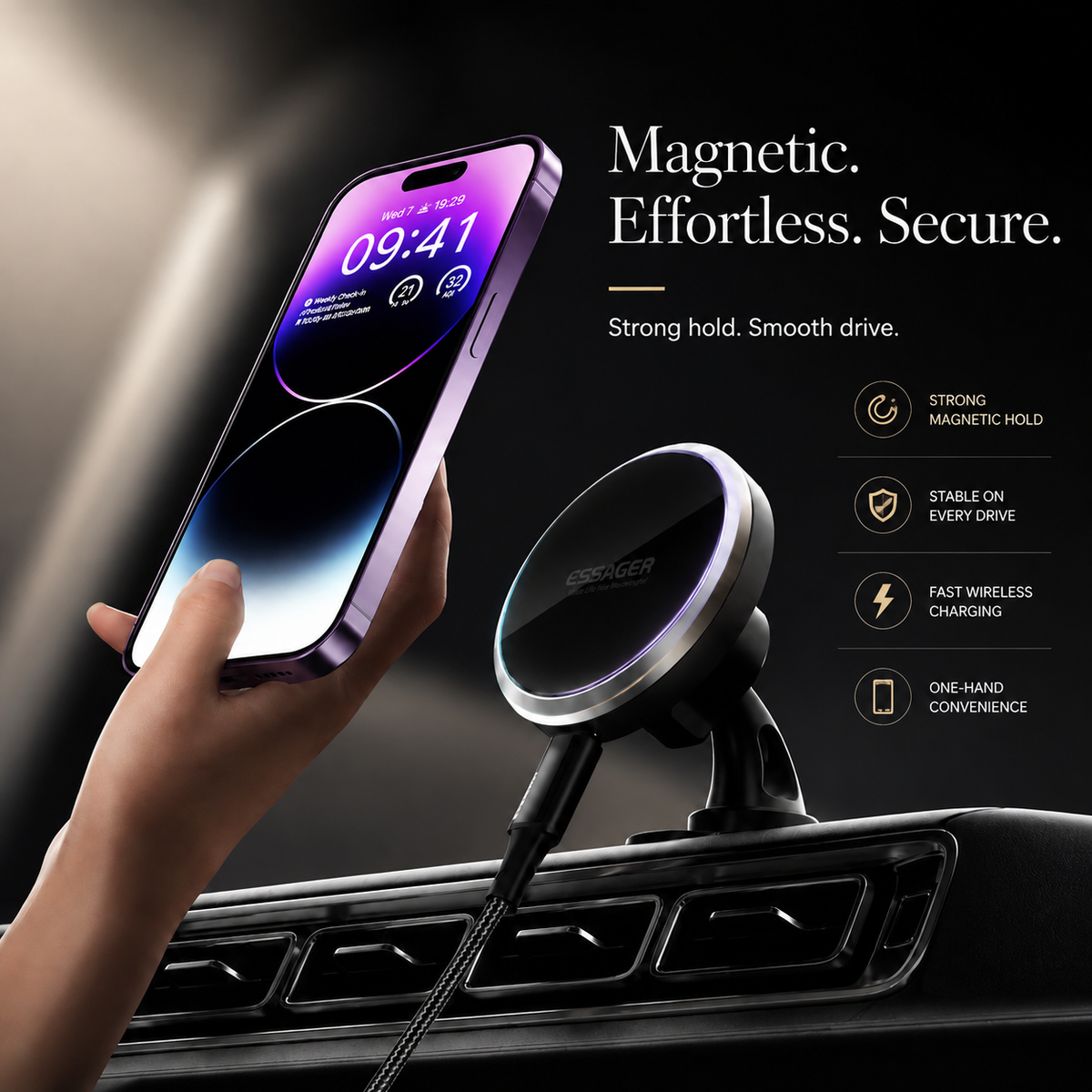 Premium RGB Magnetic Wireless Car Phone Holder 15W Qi Fast Charging Car Mount 360° Rotating Dashboard Air Vent Mount Phone Stand iPhone