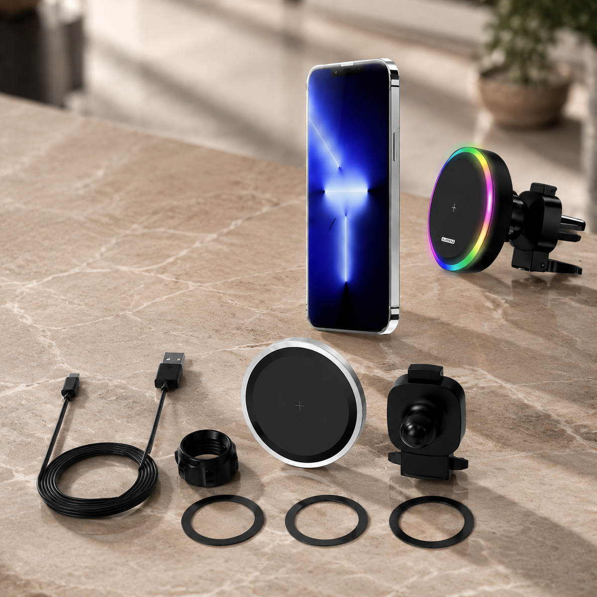 Premium RGB Magnetic Wireless Car Phone Holder 15W Qi Fast Charging Car Mount 360° Rotating Dashboard Air Vent Mount Phone Stand iPhone