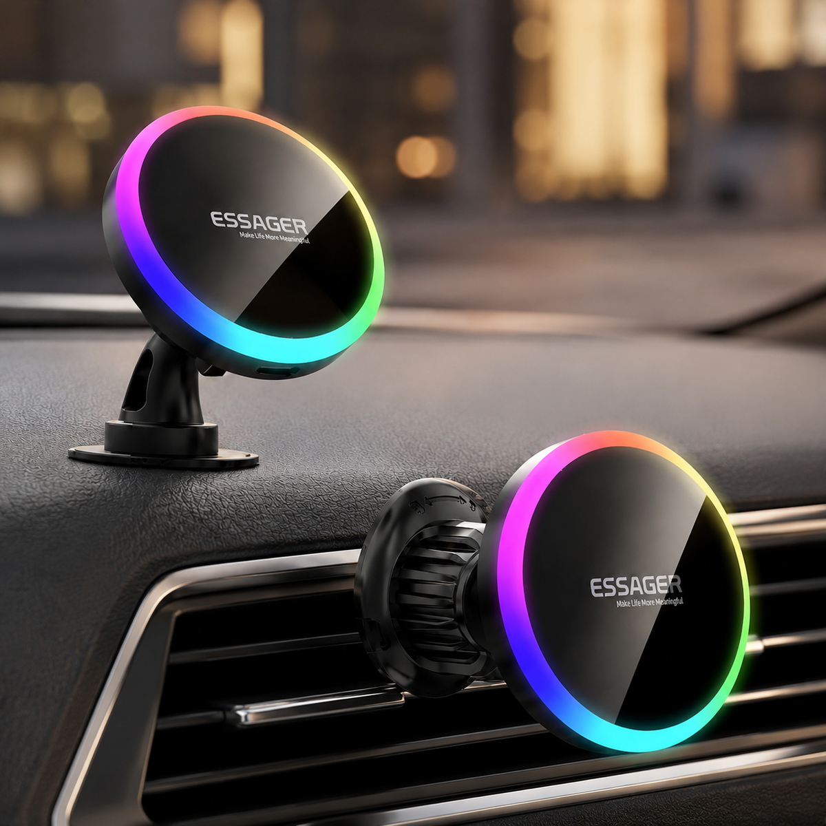 Premium RGB Magnetic Wireless Car Phone Holder 15W Qi Fast Charging Car Mount 360° Rotating Dashboard Air Vent Mount Phone Stand iPhone