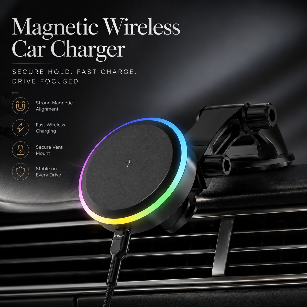 Premium RGB Magnetic Wireless Car Phone Holder 15W Qi Fast Charging Car Mount 360° Rotating Dashboard Air Vent Mount Phone Stand iPhone