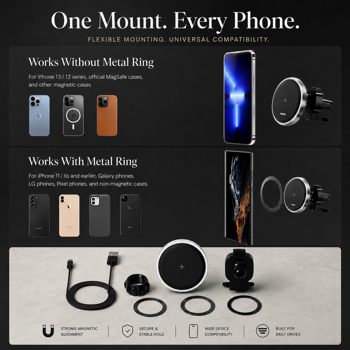 Premium RGB Magnetic Wireless Car Phone Holder 15W Qi Fast Charging Car Mount 360° Rotating Dashboard Air Vent Mount Phone Stand iPhone