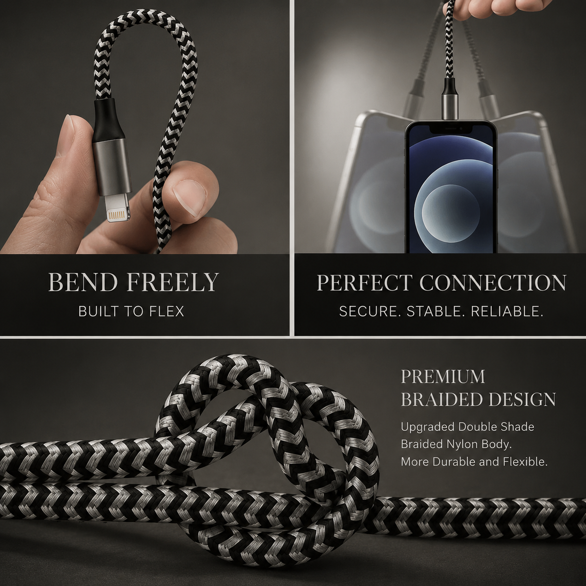 Premium USB-A to Lightning Charging Cable 12W Fast Charging 2.4A MFi Certified Nylon Braided Data Sync Cable Compatible with iPhone