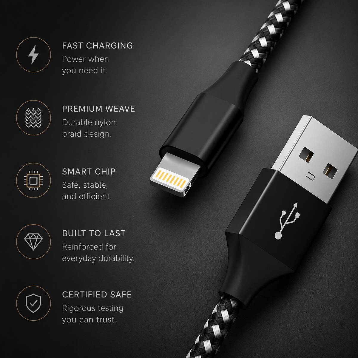 Premium USB-A to Lightning Charging Cable 12W Fast Charging 2.4A MFi Certified Nylon Braided Data Sync Cable Compatible with iPhone