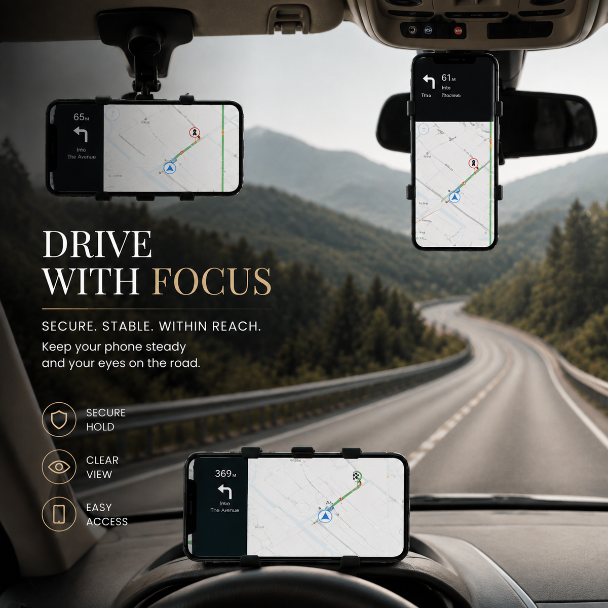 Premium Universal Car Phone Holder Mount 3-in-1 Dashboard Rearview Mirror Sun Visor Stand 360° Rotation Anti Slip Adjustable Hands Free iPhone