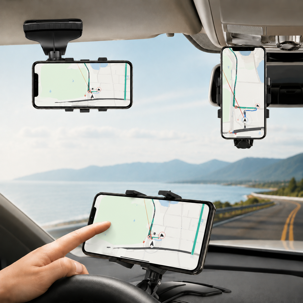 Premium Universal Car Phone Holder Mount 3-in-1 Dashboard Rearview Mirror Sun Visor Stand 360° Rotation Anti Slip Adjustable Hands Free iPhone