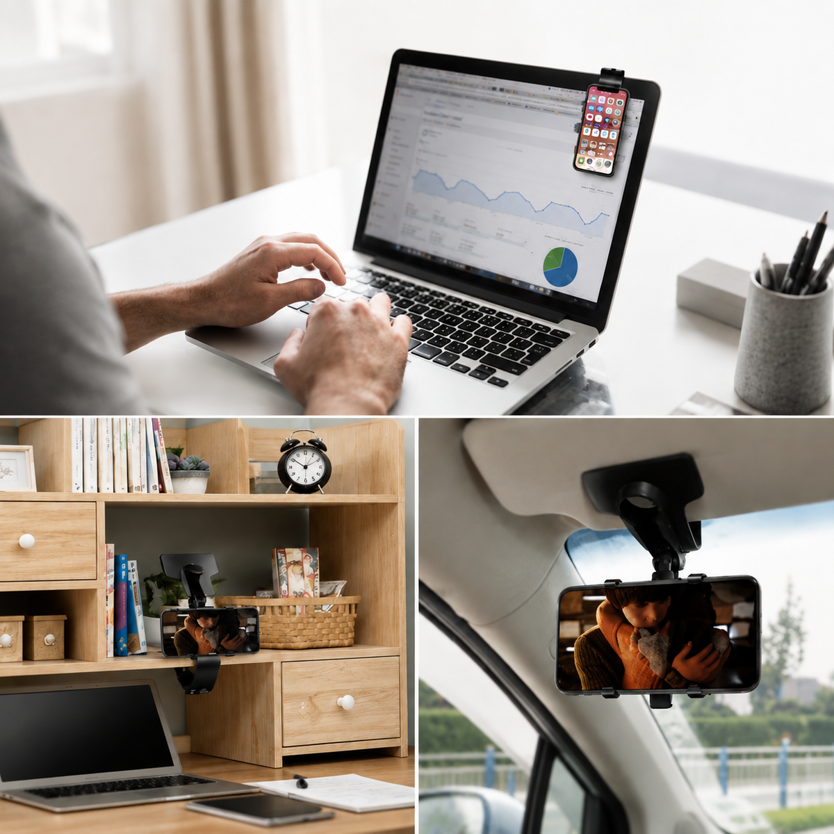 Premium Universal Car Phone Holder Mount 3-in-1 Dashboard Rearview Mirror Sun Visor Stand 360° Rotation Anti Slip Adjustable Hands Free iPhone