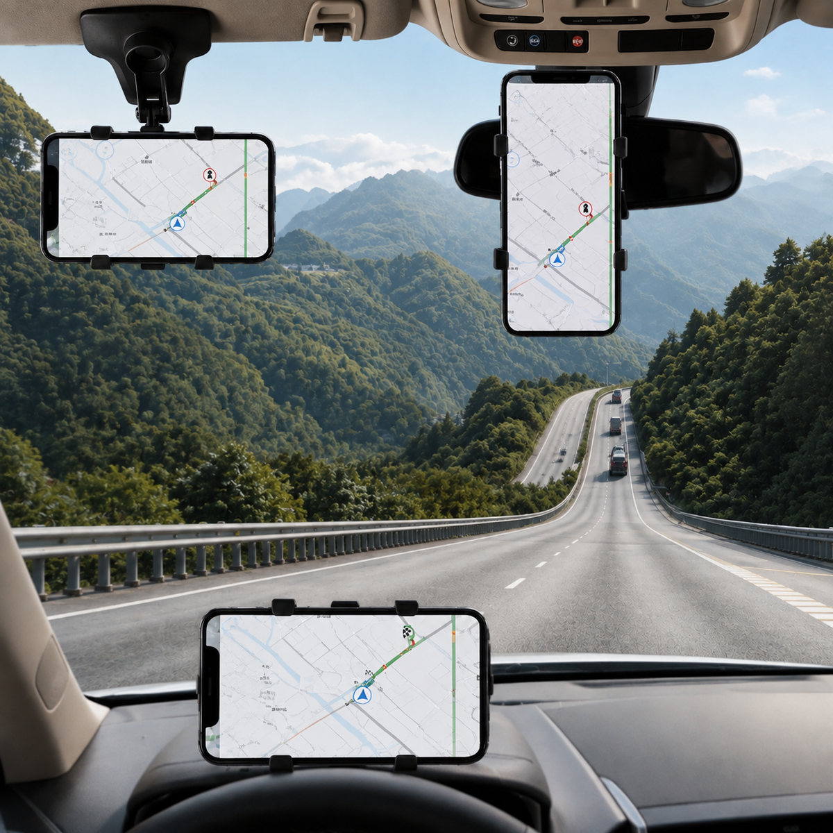 Premium Universal Car Phone Holder Mount 3-in-1 Dashboard Rearview Mirror Sun Visor Stand 360° Rotation Anti Slip Adjustable Hands Free iPhone