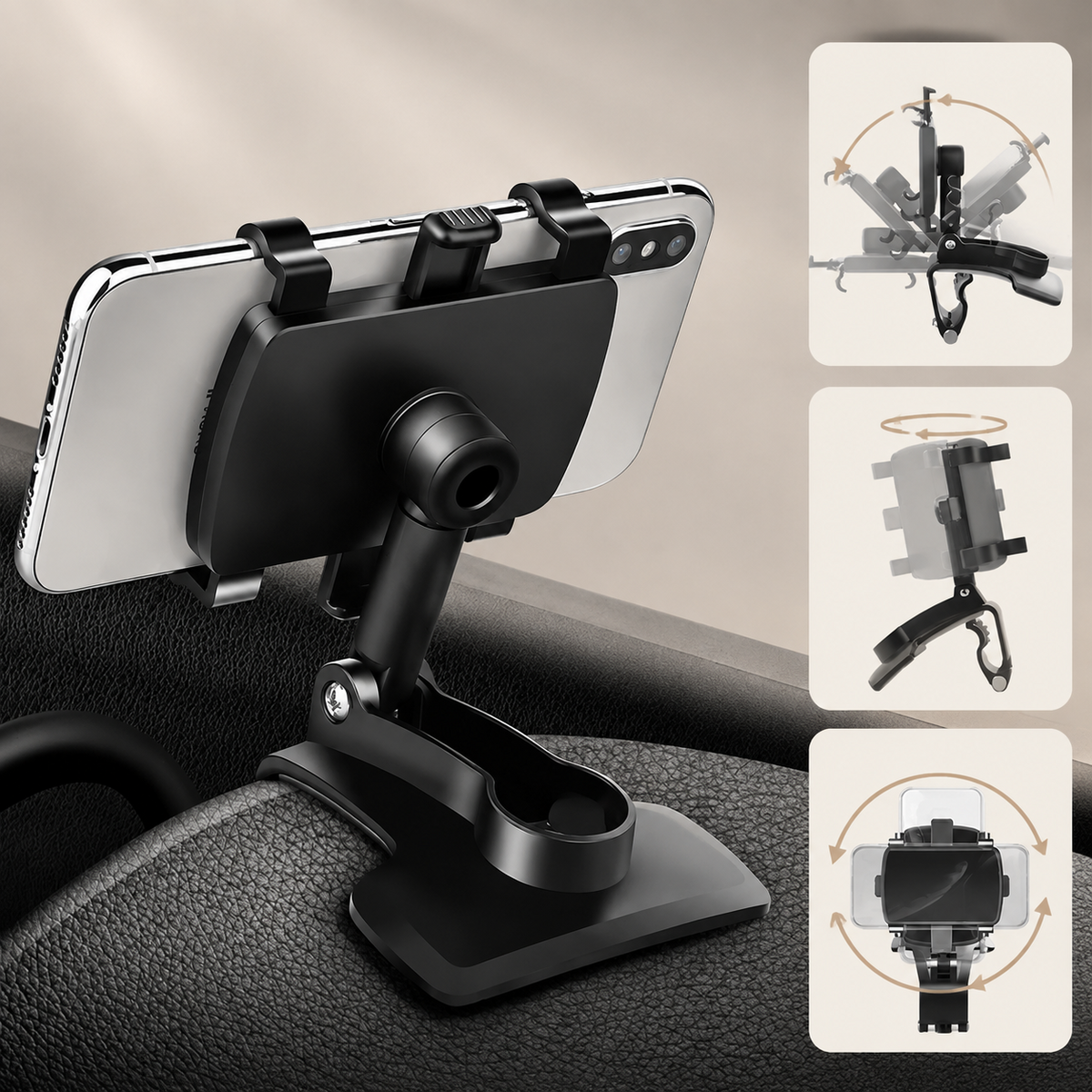 Premium Universal Car Phone Holder Mount 3-in-1 Dashboard Rearview Mirror Sun Visor Stand 360° Rotation Anti Slip Adjustable Hands Free iPhone