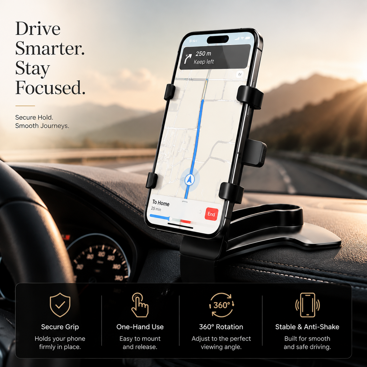 Premium Universal Car Phone Holder Mount 3-in-1 Dashboard Rearview Mirror Sun Visor Stand 360° Rotation Anti Slip Adjustable Hands Free iPhone