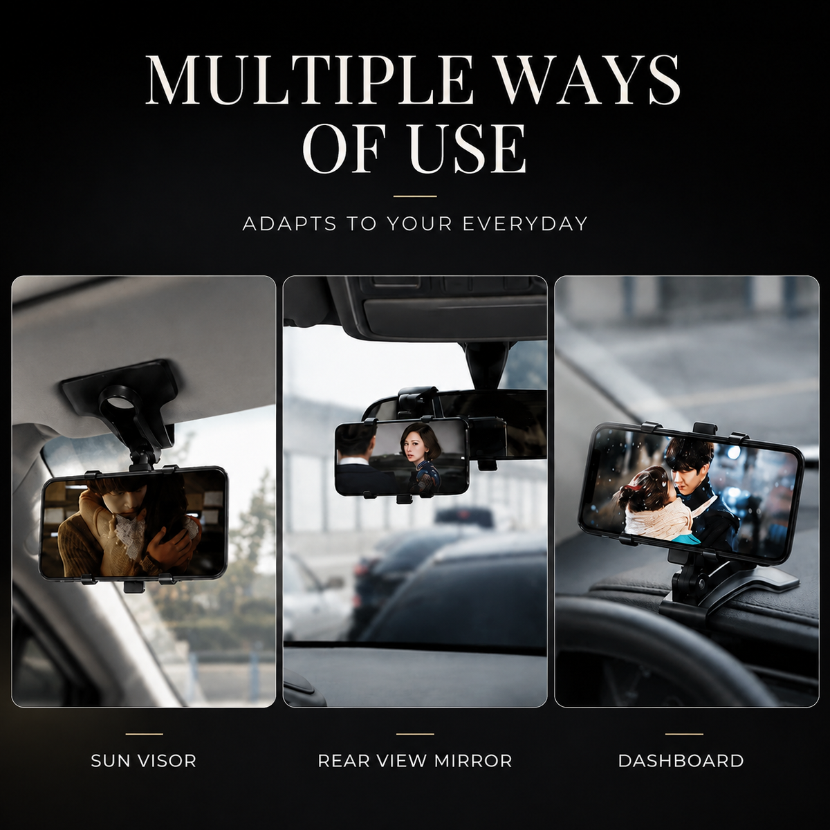 Premium Universal Car Phone Holder Mount 3-in-1 Dashboard Rearview Mirror Sun Visor Stand 360° Rotation Anti Slip Adjustable Hands Free iPhone