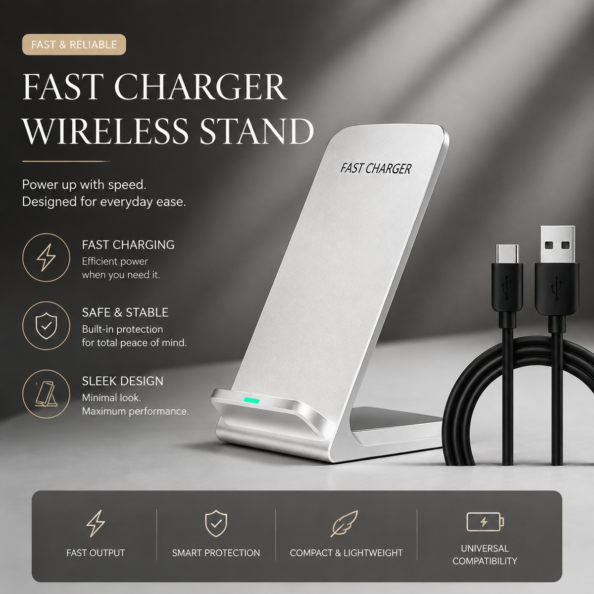 Premium Wireless Charging Stand Qi Wireless Charging Dock Dual Coil USB Type C Fast Charging Anti Slip Charging Vertical, Horizontal iPhone Compatible