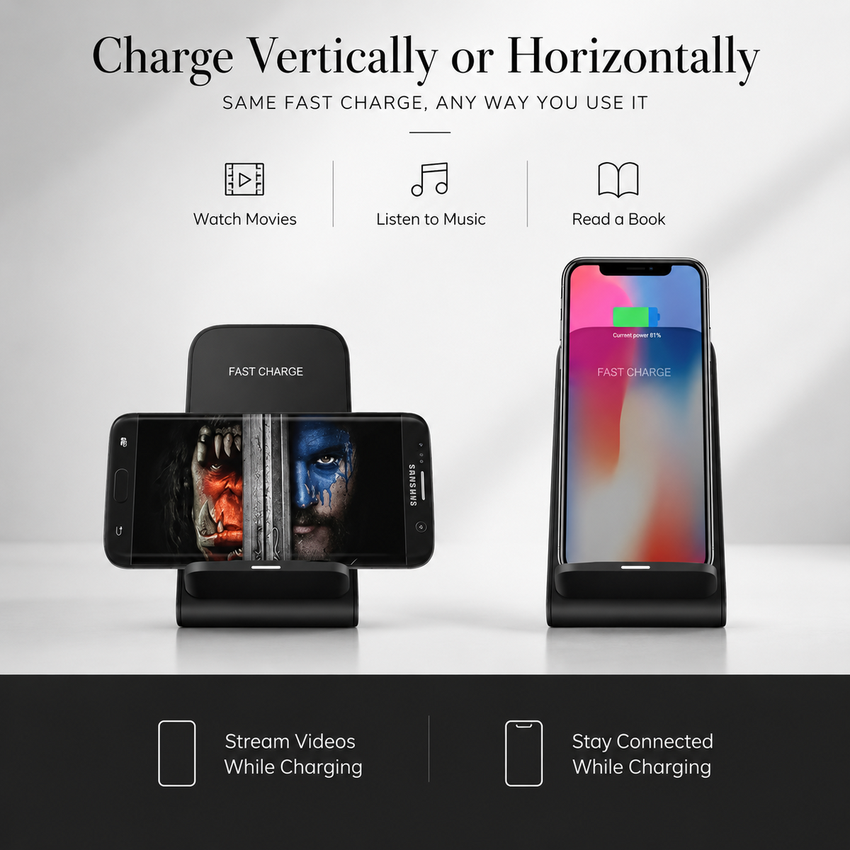 Premium Wireless Charging Stand Qi Wireless Charging Dock Dual Coil USB Type C Fast Charging Anti Slip Charging Vertical, Horizontal iPhone Compatible