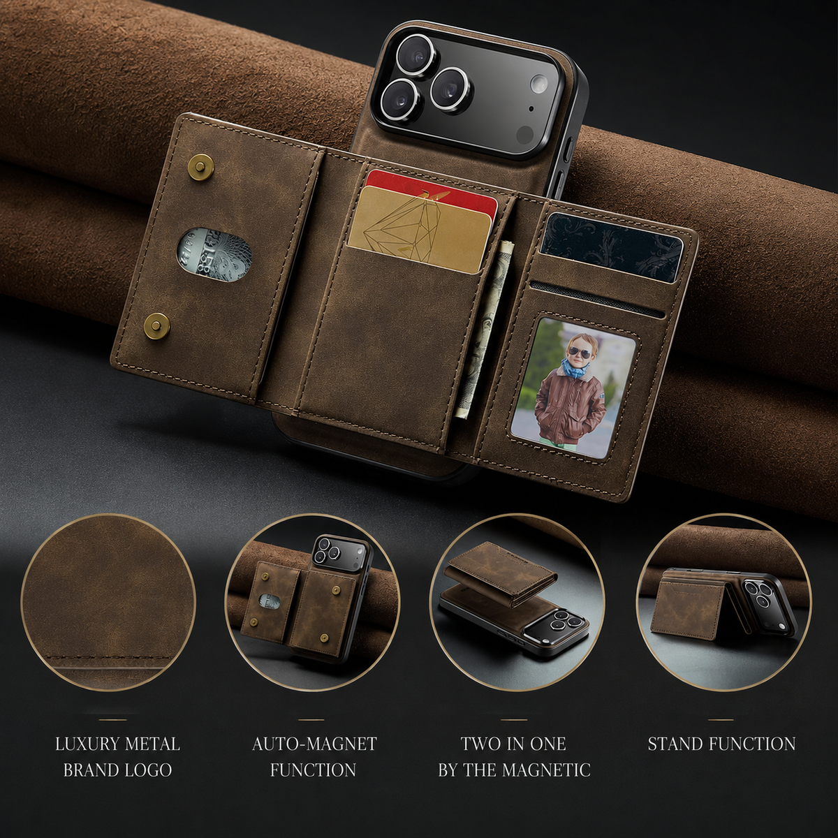 Premium iPhone Case 2 in 1 Detachable Magnetic Leather Wallet Card Holder Kickstand Full Coverage Protective Cover Slim Removable Phone Case Anti Dust