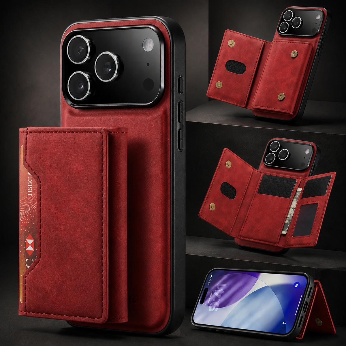 Premium iPhone Case 2 in 1 Detachable Magnetic Leather Wallet Card Holder Kickstand Full Coverage Protective Cover Slim Removable Phone Case Anti Dust