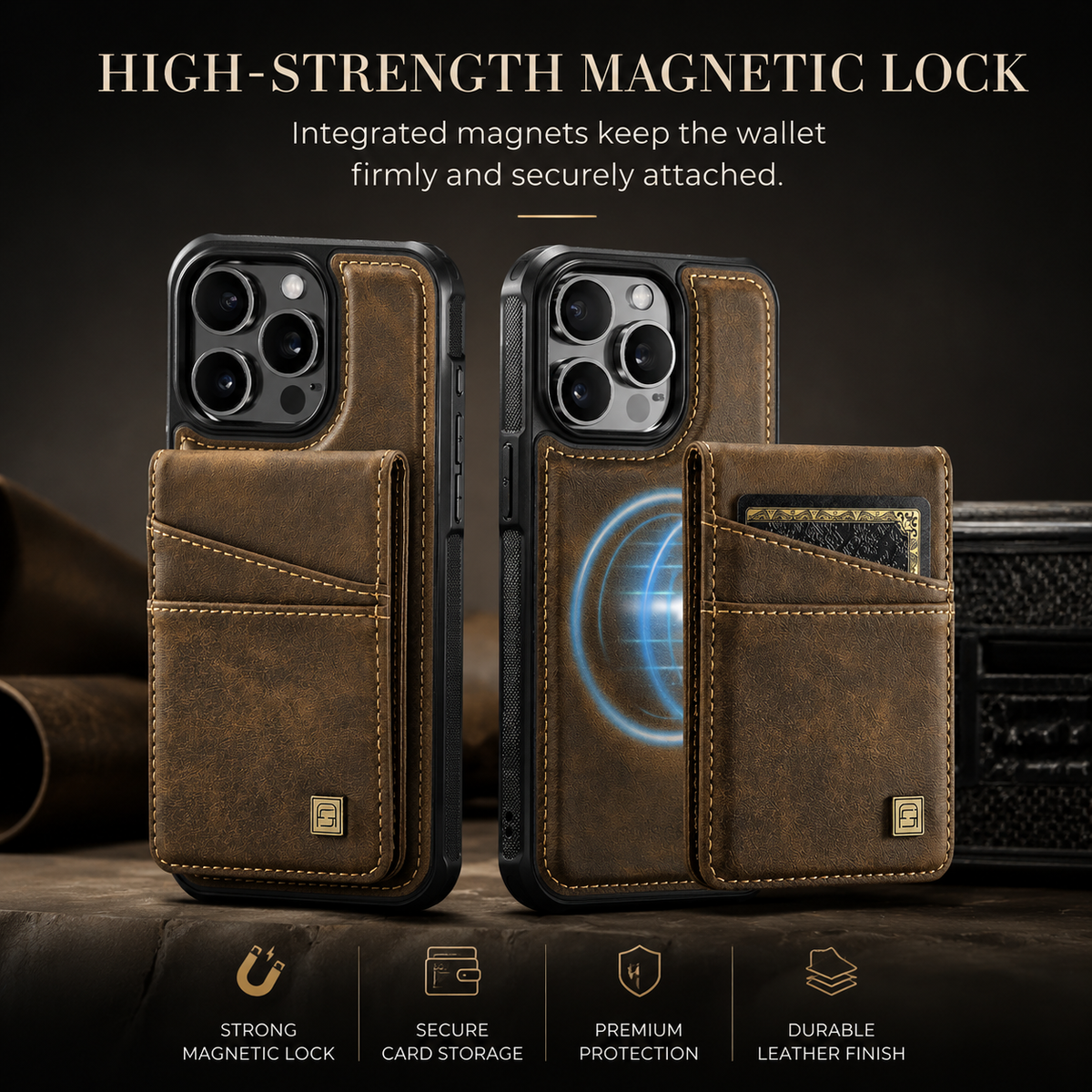 Premium iPhone Case 2-in-1 Detachable Magnetic Wallet Flip Cover PU Leather Card Holder Cash Pocket Wrist Strap Shockproof Full Protection Slim Design