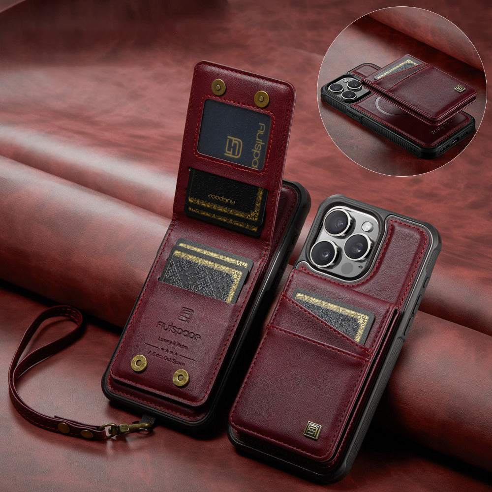 Premium iPhone Case 2-in-1 Detachable Magnetic Wallet Flip Cover PU Leather Card Holder Cash Pocket Wrist Strap Shockproof Full Protection Slim Design