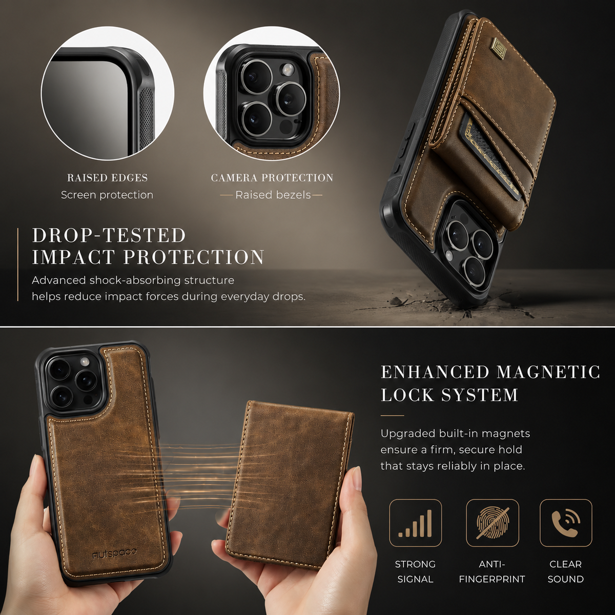 Premium iPhone Case 2-in-1 Detachable Magnetic Wallet Flip Cover PU Leather Card Holder Cash Pocket Wrist Strap Shockproof Full Protection Slim Design