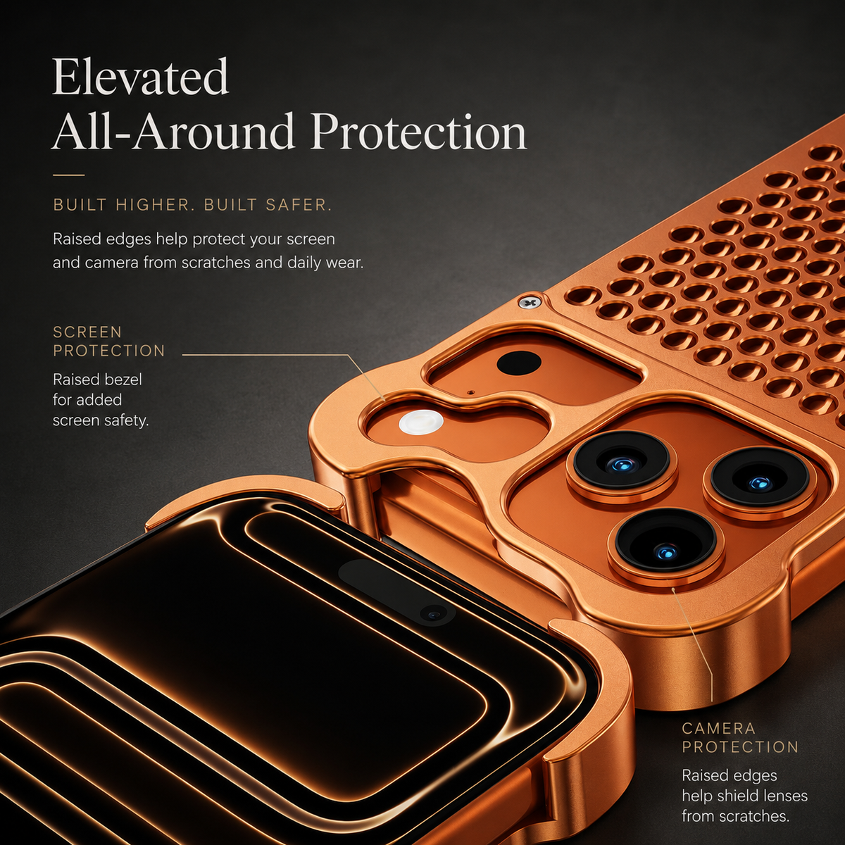 Premium iPhone Case Aluminum Alloy Borderless Frame Honeycomb Heat Dissipation Shockproof Metal Bumper Anti Scratch Non Slip Lightweight Protective Cover