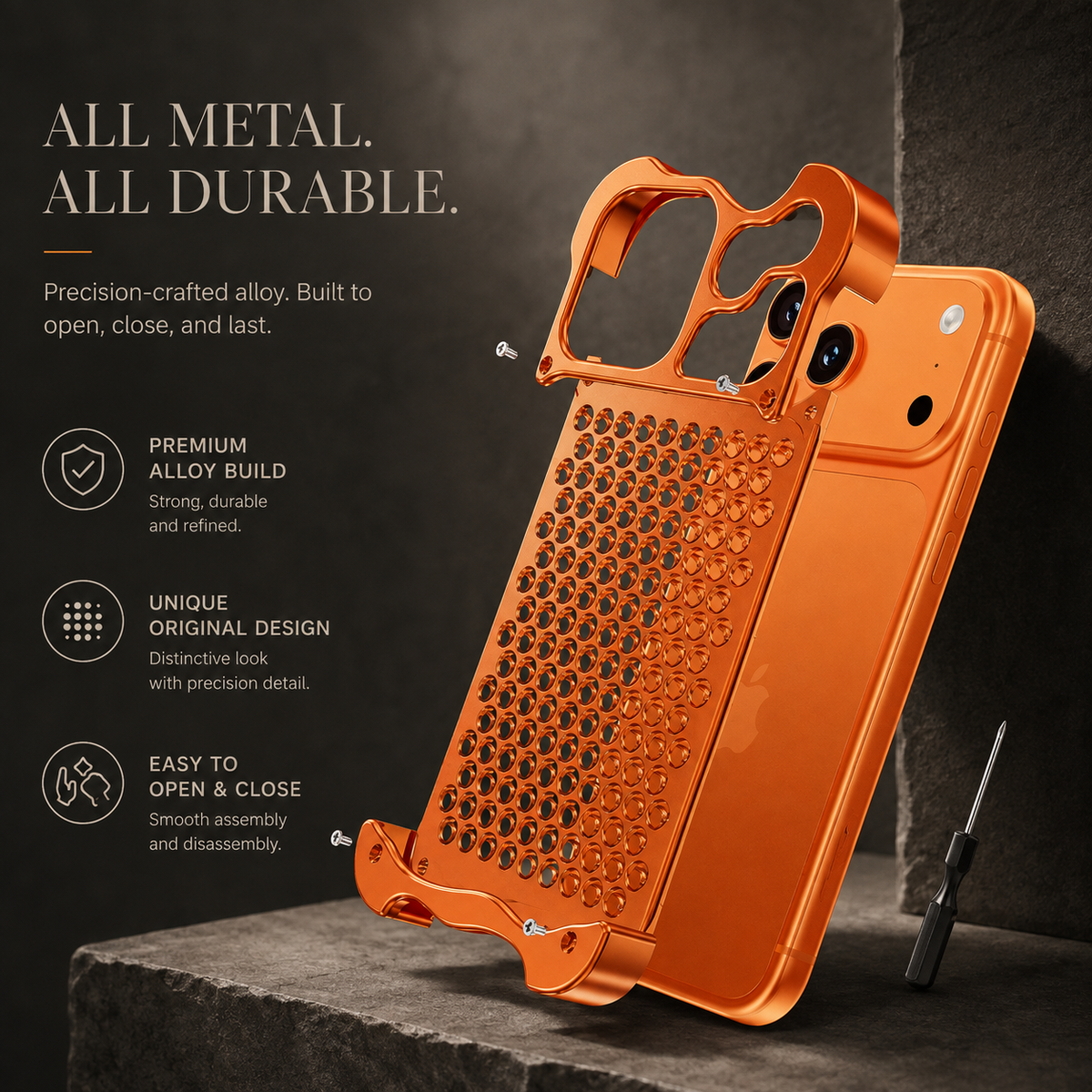 Premium iPhone Case Aluminum Alloy Borderless Frame Honeycomb Heat Dissipation Shockproof Metal Bumper Anti Scratch Non Slip Lightweight Protective Cover