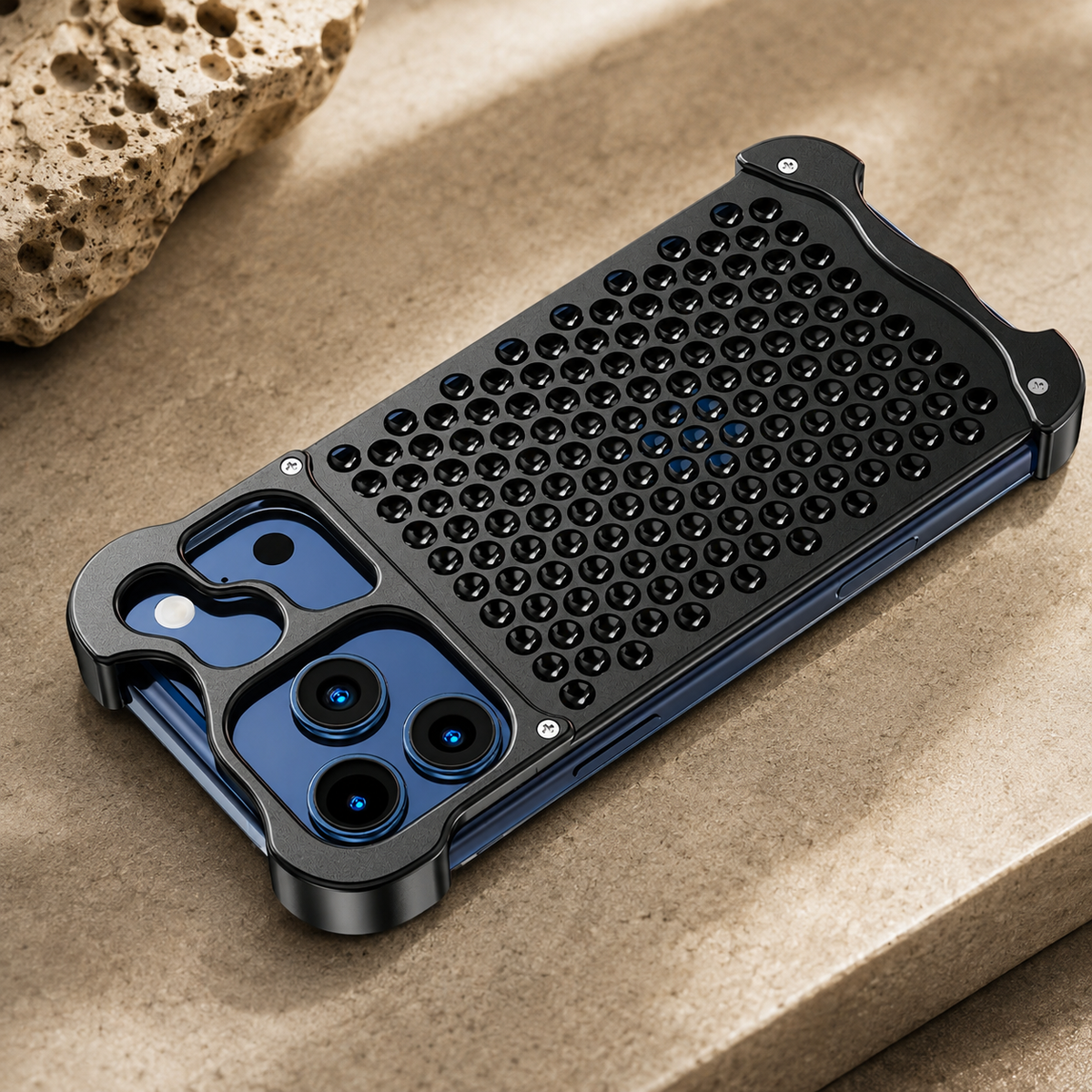 Premium iPhone Case Aluminum Alloy Borderless Frame Honeycomb Heat Dissipation Shockproof Metal Bumper Anti Scratch Non Slip Lightweight Protective Cover