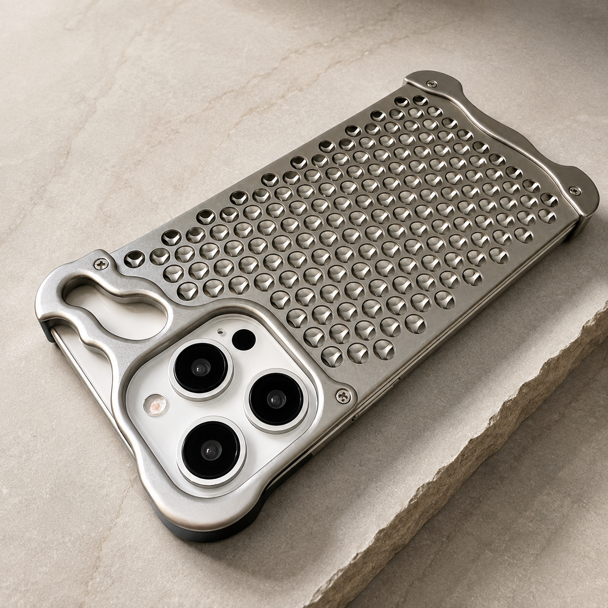 Premium iPhone Case Aluminum Alloy Borderless Frame Honeycomb Heat Dissipation Shockproof Metal Bumper Anti Scratch Non Slip Lightweight Protective Cover