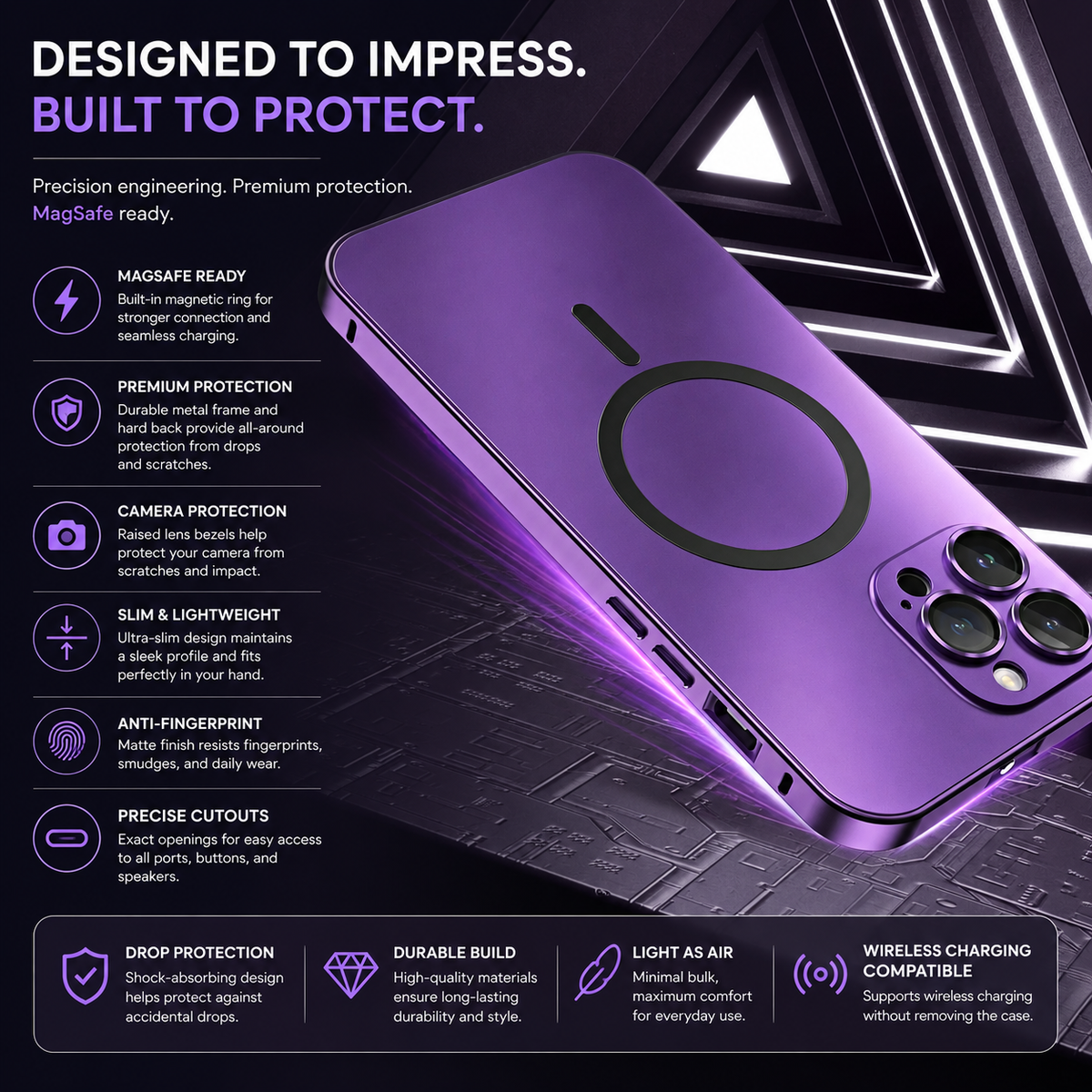 Premium iPhone Case Aluminum Alloy Magnetic MagSafe Full Coverage Shockproof Glass Lens Matte Anti Glare Wireless Charging Protective Design