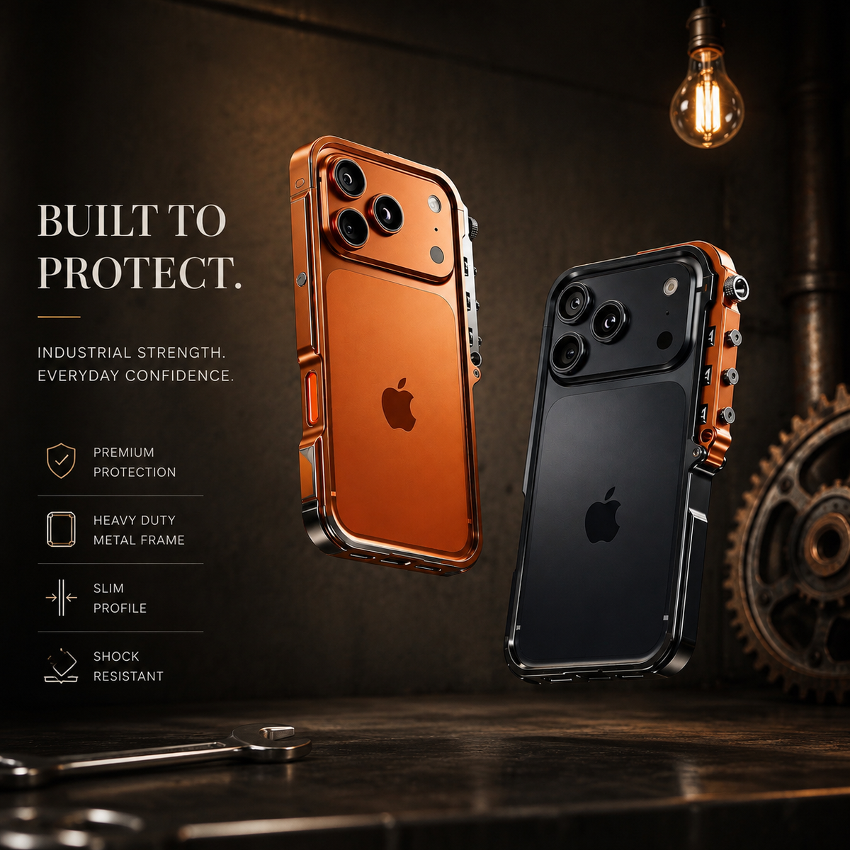 Premium iPhone Case Aluminum Alloy Mechanical Bumper Shockproof Metal Frame Heavy Duty Corner Protection Cyberpunk Industrial Slim Cover