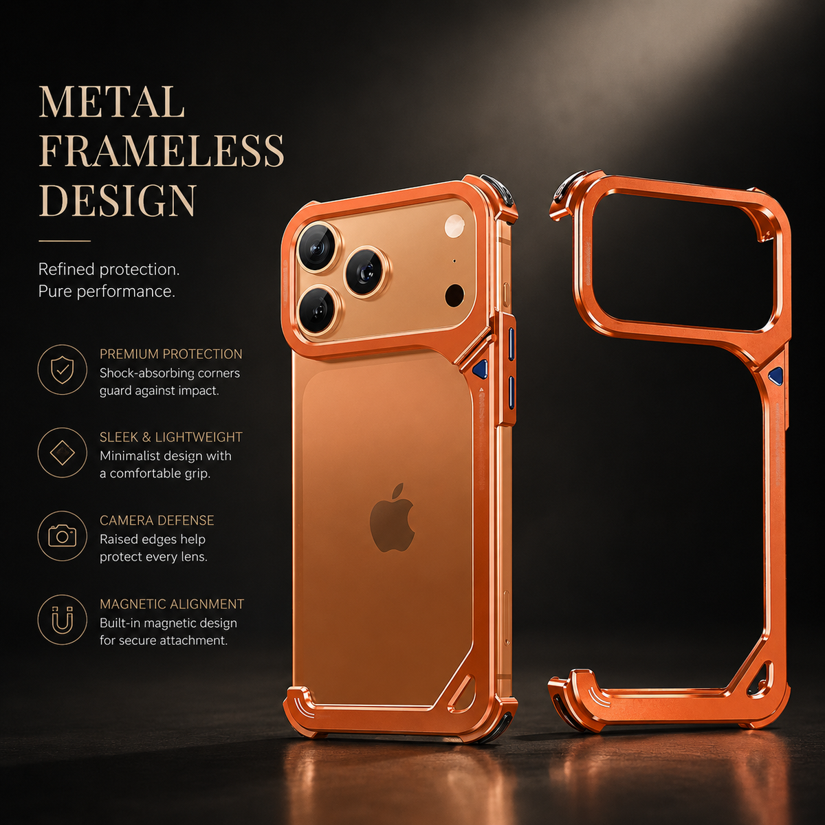 Premium iPhone Case Aluminum Frame MagSafe Compatible Lens Holder Wireless Charging Slim Metal Shockproof Anti Scratch Non Slip Protective Design