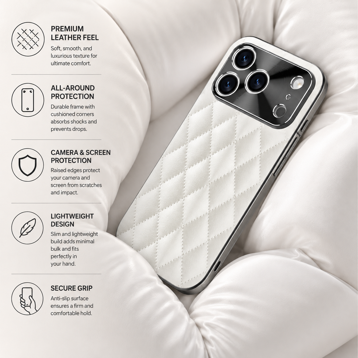 Premium iPhone Case Argyle PU Leather Camera Lens Protection Shockproof Anti Scratch Anti Fingerprint Matte Non Slip Slim Lightweight Elegant Hard Cover