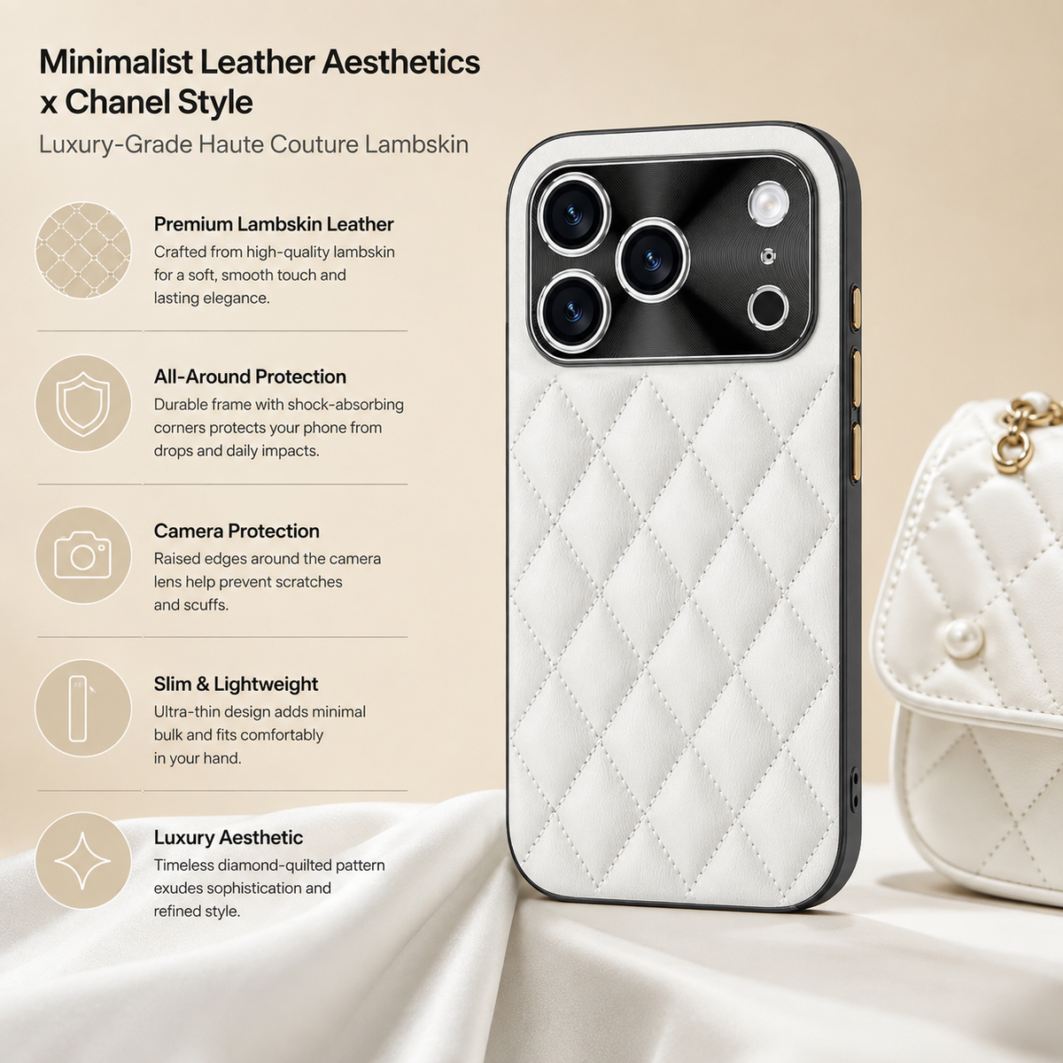 Premium iPhone Case Argyle PU Leather Camera Lens Protection Shockproof Anti Scratch Anti Fingerprint Matte Non Slip Slim Lightweight Elegant Hard Cover