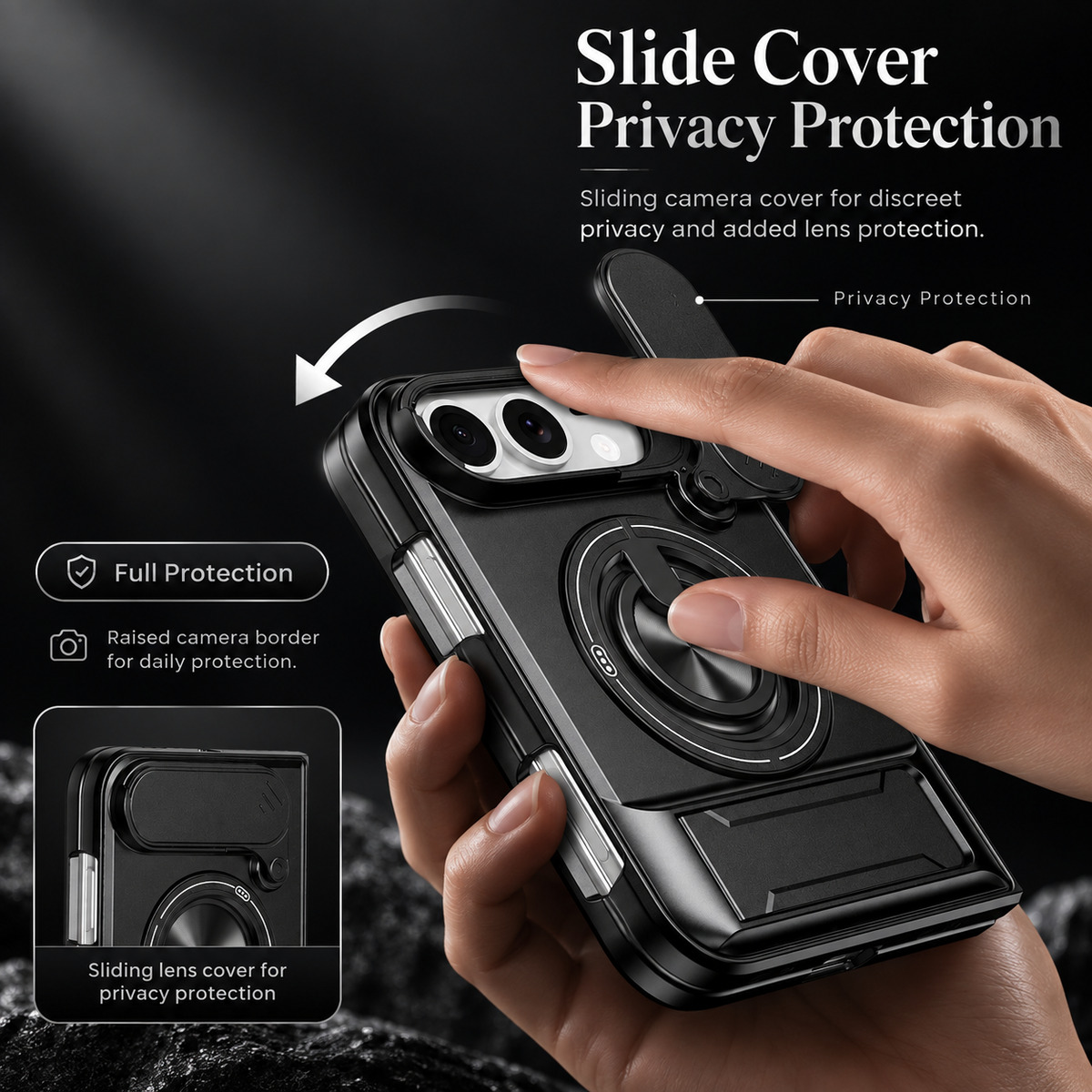 Premium iPhone Case Armor Slide Lens Protector Magnetic Car Holder Ring Stand Shockproof Tough Anti Drop Durable Slim Protective Phone Cover Shell Case