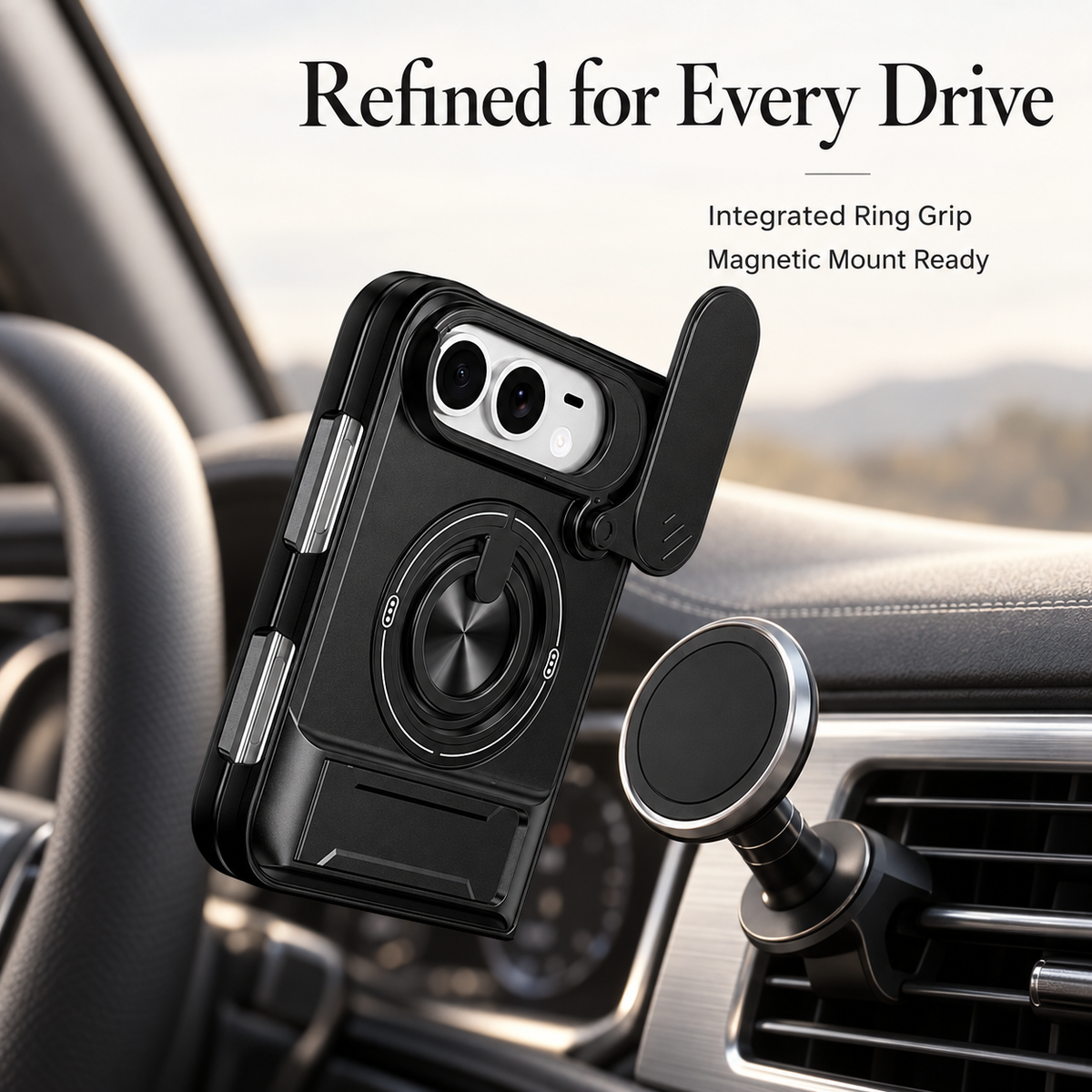 Premium iPhone Case Armor Slide Lens Protector Magnetic Car Holder Ring Stand Shockproof Tough Anti Drop Durable Slim Protective Phone Cover Shell Case