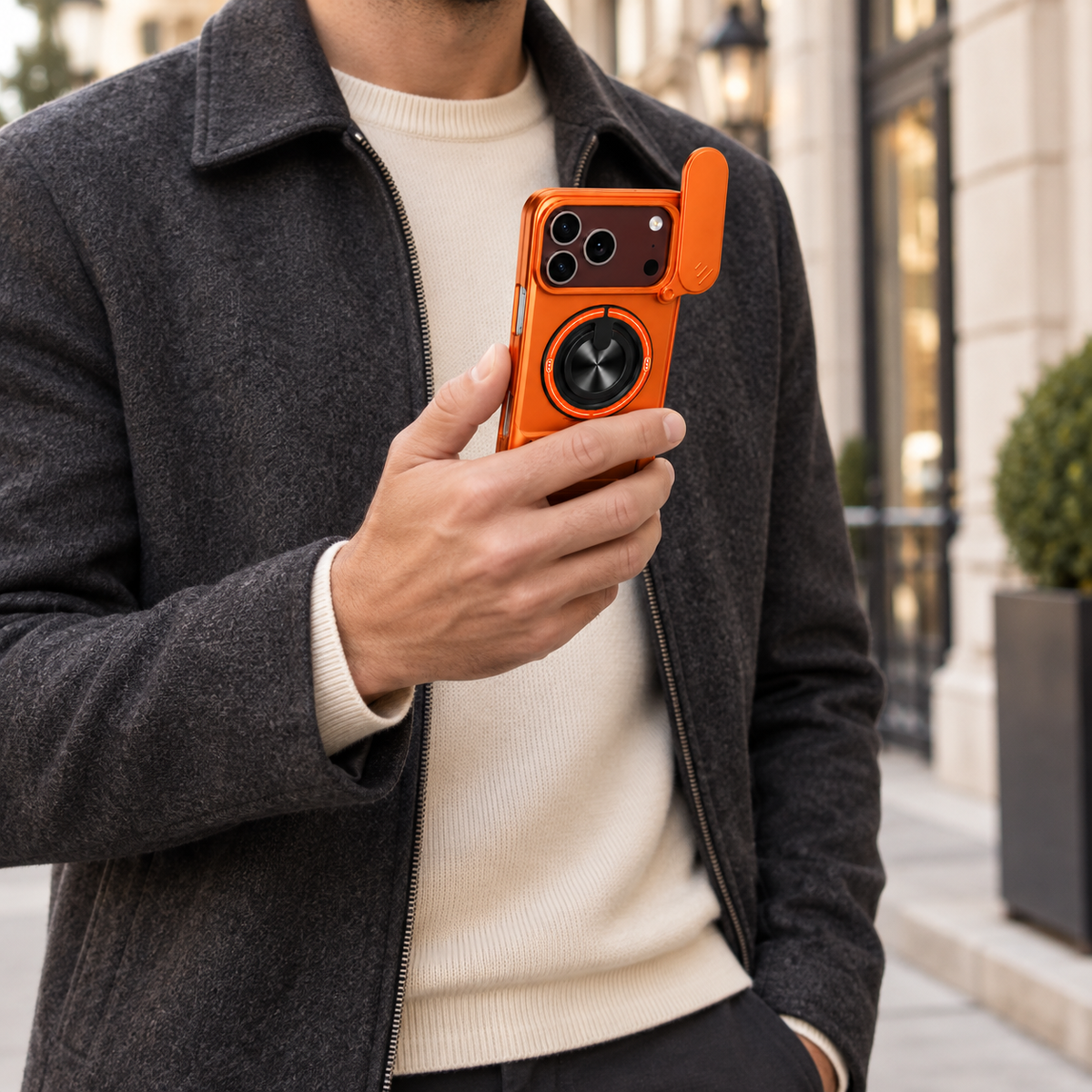 Premium iPhone Case Armor Slide Lens Protector Magnetic Car Holder Ring Stand Shockproof Tough Anti Drop Durable Slim Protective Phone Cover Shell Case