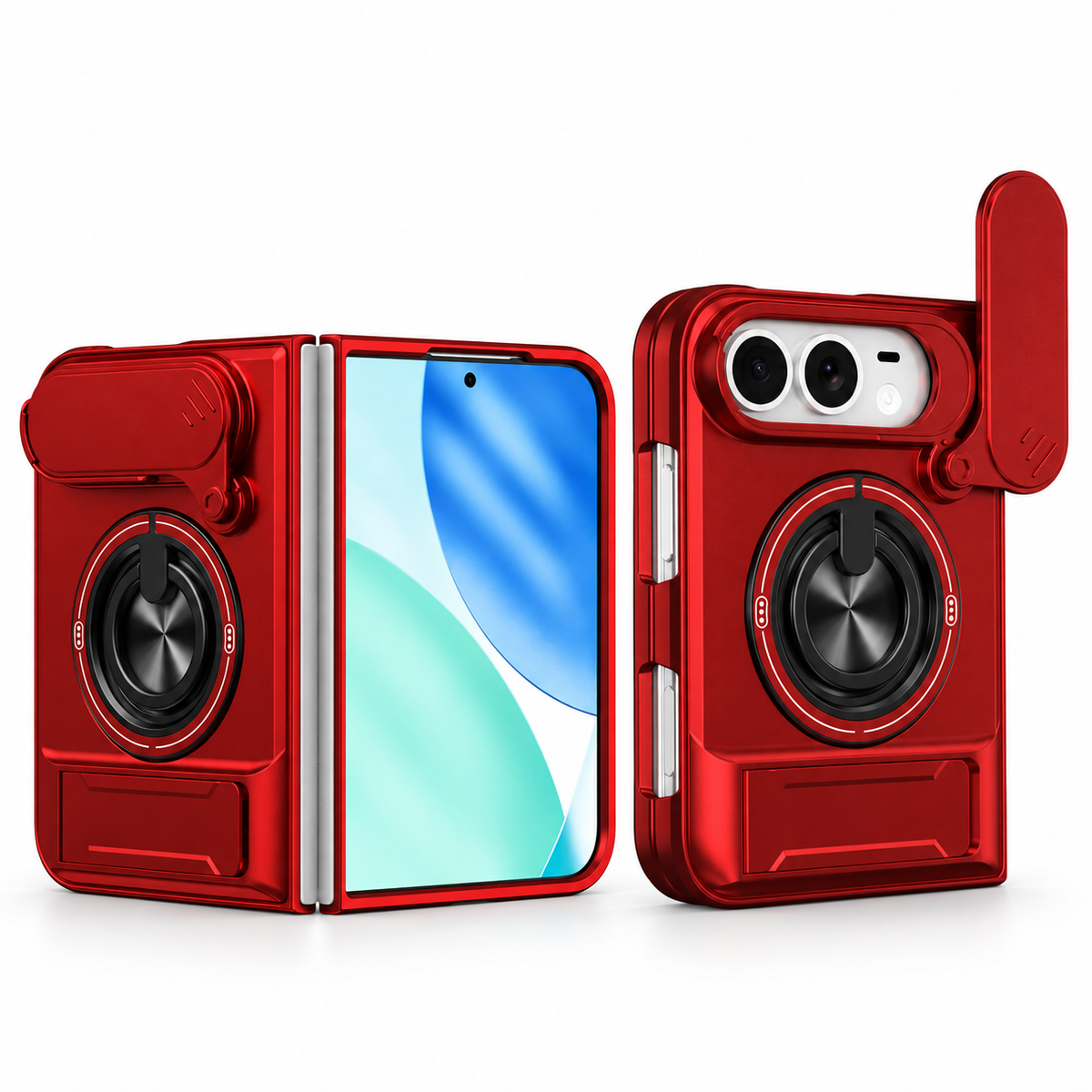 Premium iPhone Case Armor Slide Lens Protector Magnetic Car Holder Ring Stand Shockproof Tough Anti Drop Durable Slim Protective Phone Cover Shell Case