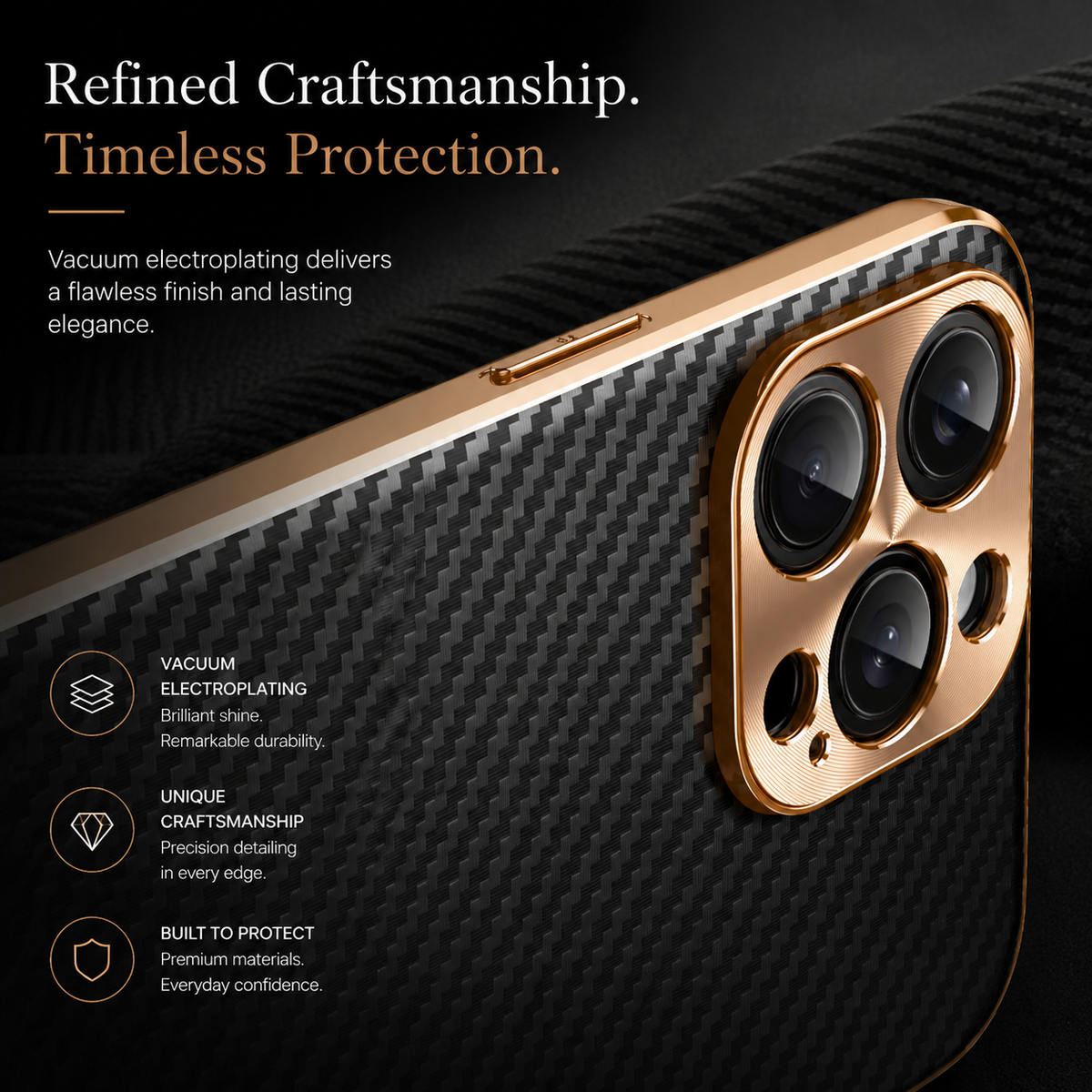 Premium iPhone Case Carbon Fiber Textured Leather Alloy Metal Camera Guard Shockproof Wireless Charging Slim Protective Cover Durable Modern Design