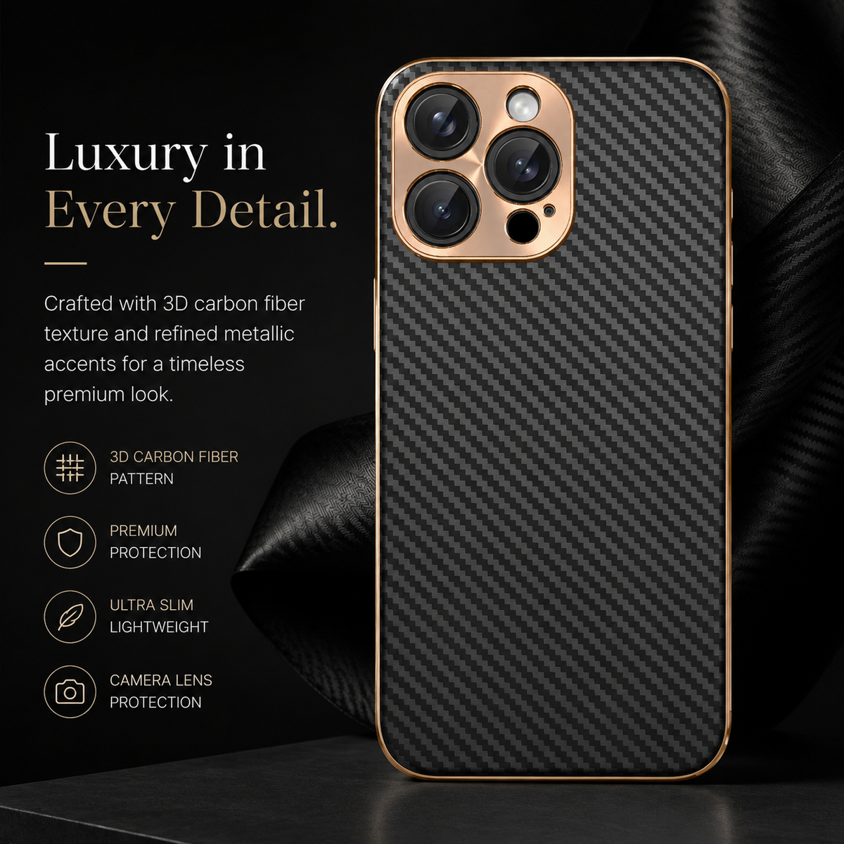 Premium iPhone Case Carbon Fiber Textured Leather Alloy Metal Camera Guard Shockproof Wireless Charging Slim Protective Cover Durable Modern Design