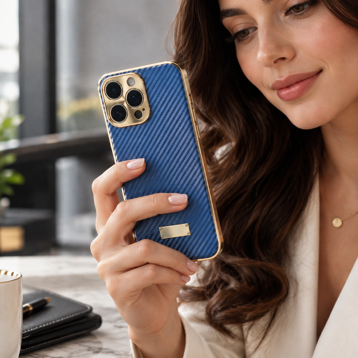 Premium iPhone Case Carbon Fiber Textured Leather Alloy Metal Camera Guard Shockproof Wireless Charging Slim Protective Cover Durable Modern Design